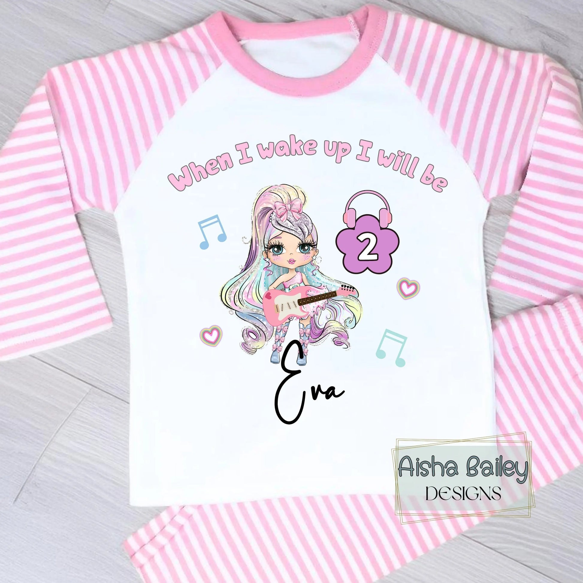 Personalised Girls Birthday Pyjamas: In My Birthday Era glitter-effect doll birthday pyjamas with custom name and age, no real glitter, long sleeve girls sleepwear set
