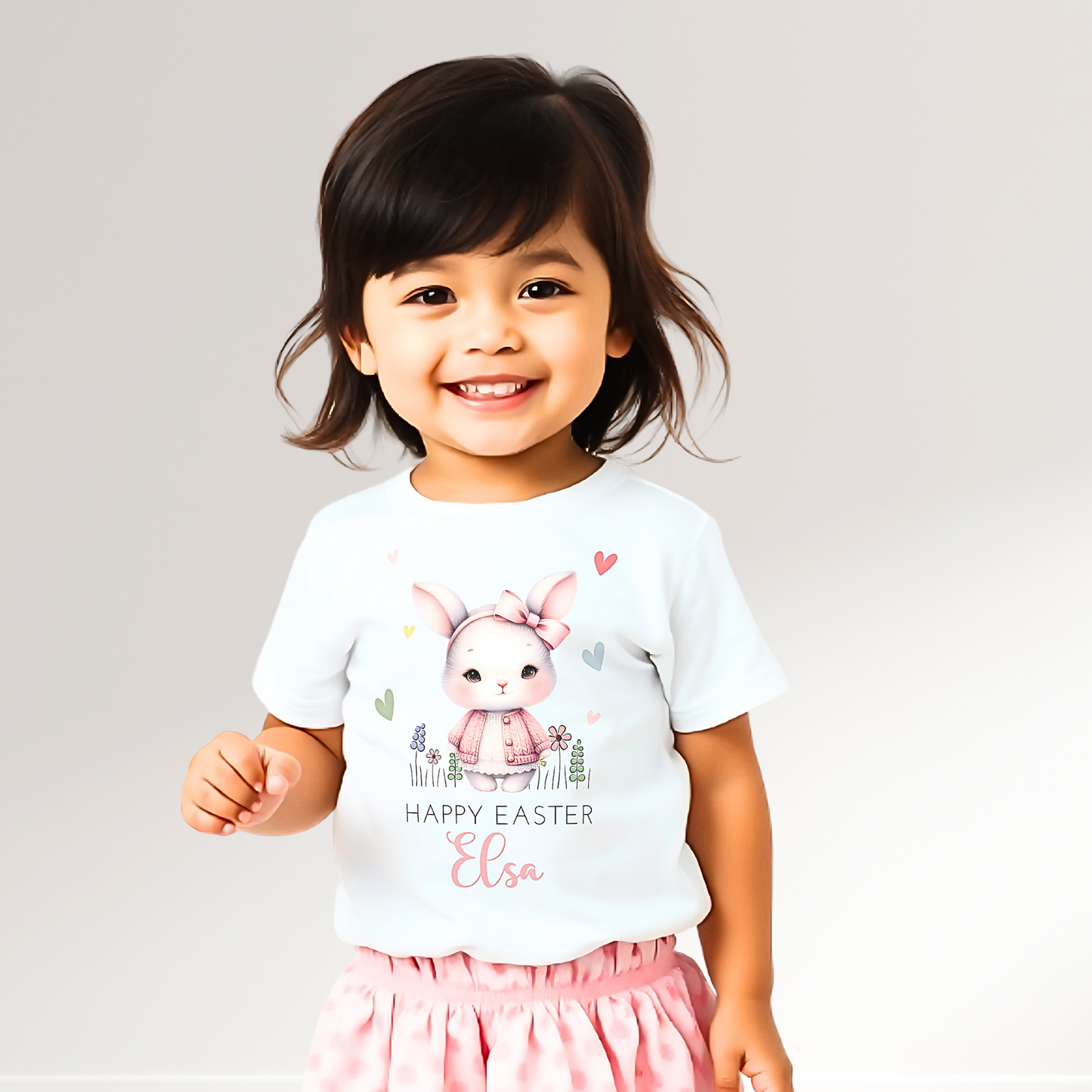 Easter T-shirt: Cute Personalised White Bunny Tee for Girls, easter tshirt with name, kids easter tee, custom easter top