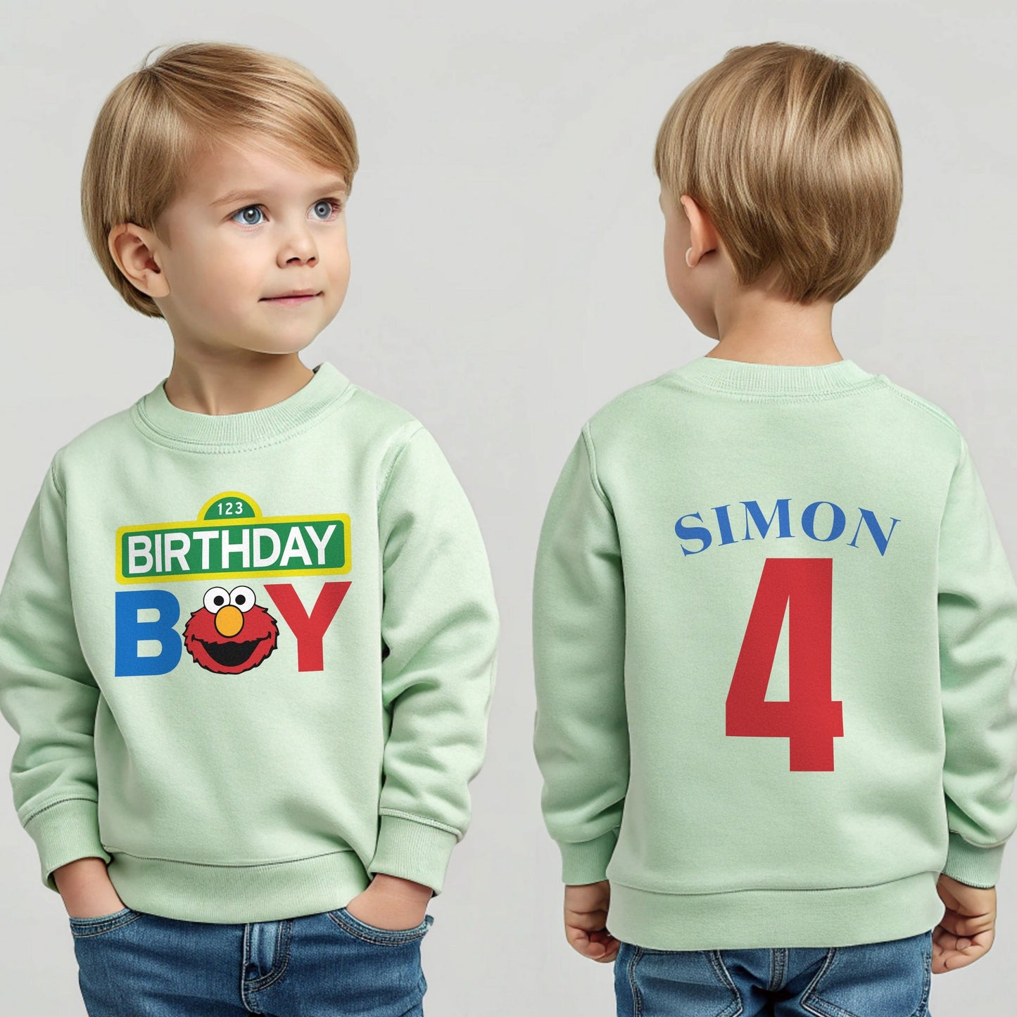 Elmo birthday sweatshirt for boys with custom name and age personalised