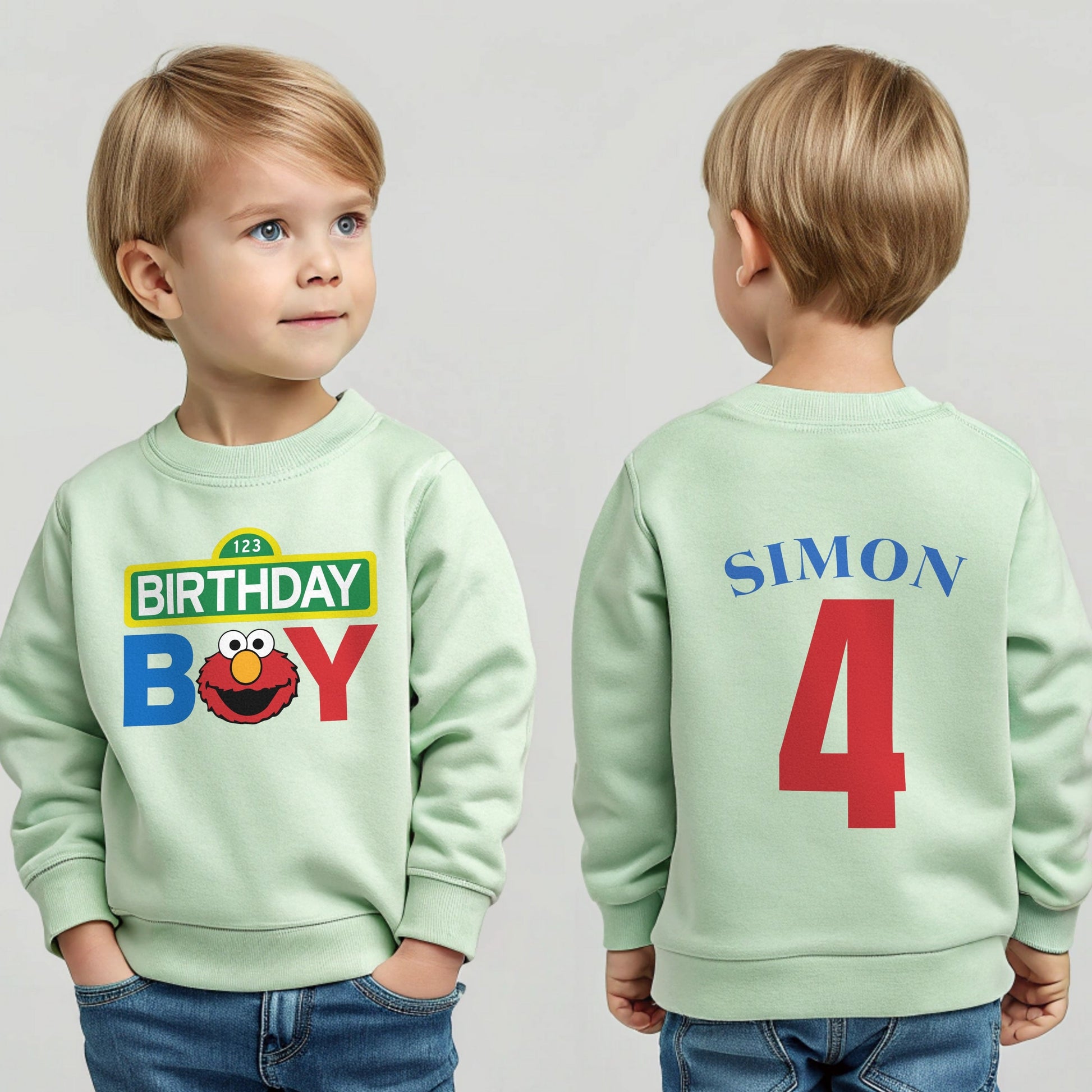 Elmo birthday sweatshirt for boys with custom name and age personalised