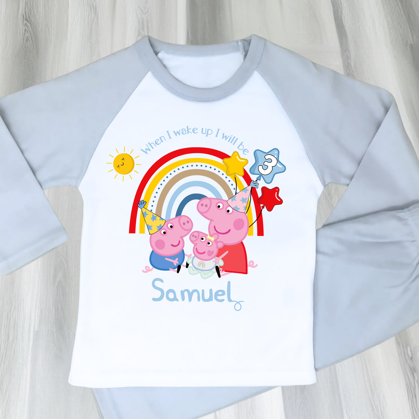 Personalized boys Peppa Pig Birthday Pyjamas featuring Peppa, George, and baby sister Evie; soft cotton; vibrant design; ideal birthday gift; peppa pigs sibling, peppa's baby sister