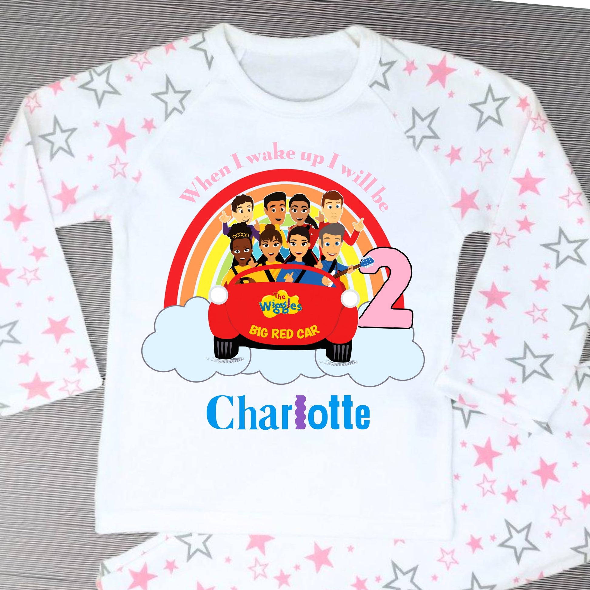 Wiggles birthday pyjamas: Personalised The Wiggles birthday pyjamas for girls with custom name and age, Big Red Car design.