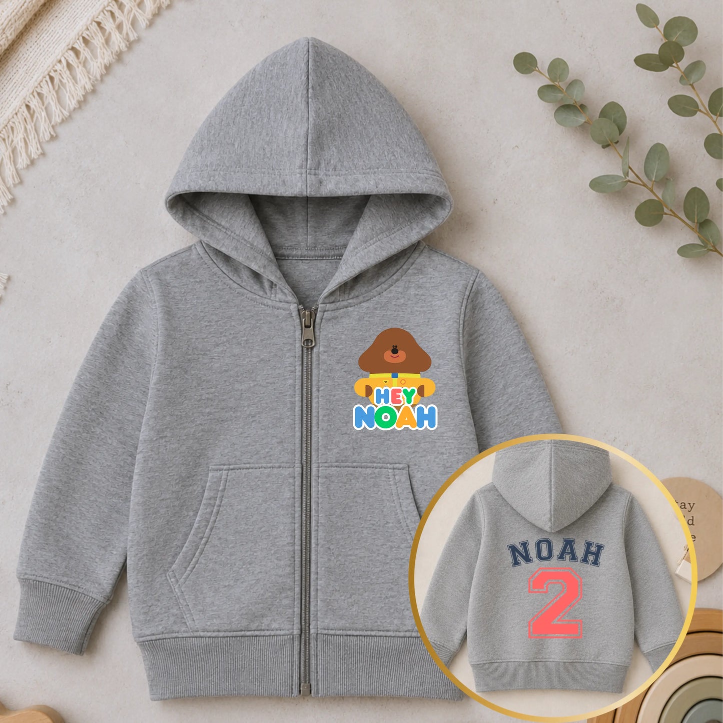 Personalised Hey Duggee birthday hoodie for boys with custom name and number back print on white zip-up childrens hoodie - aishabaileydesigns