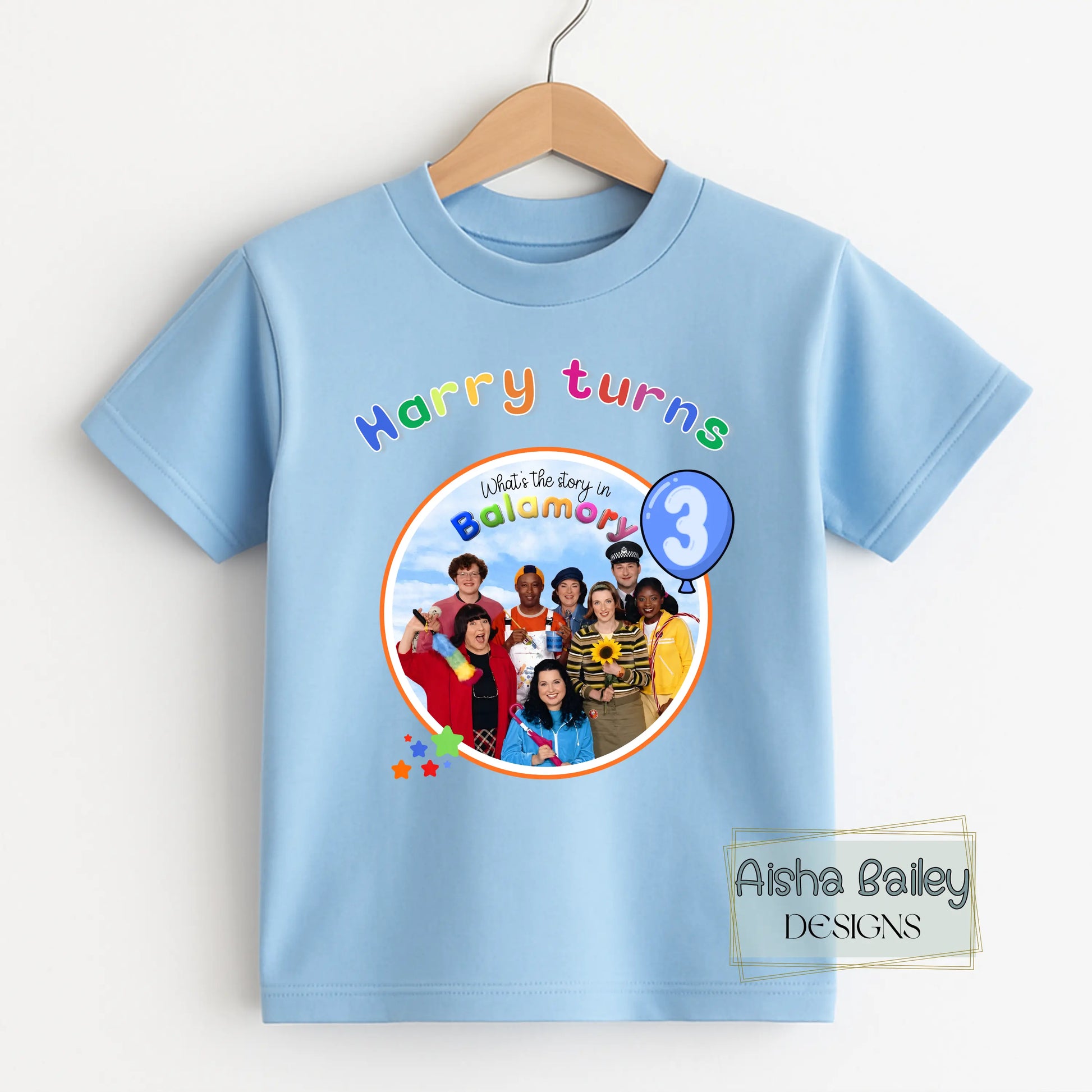 Personalised Balamory birthday t-shirt for boys with custom name and any age colourful toddler birthday shirt
