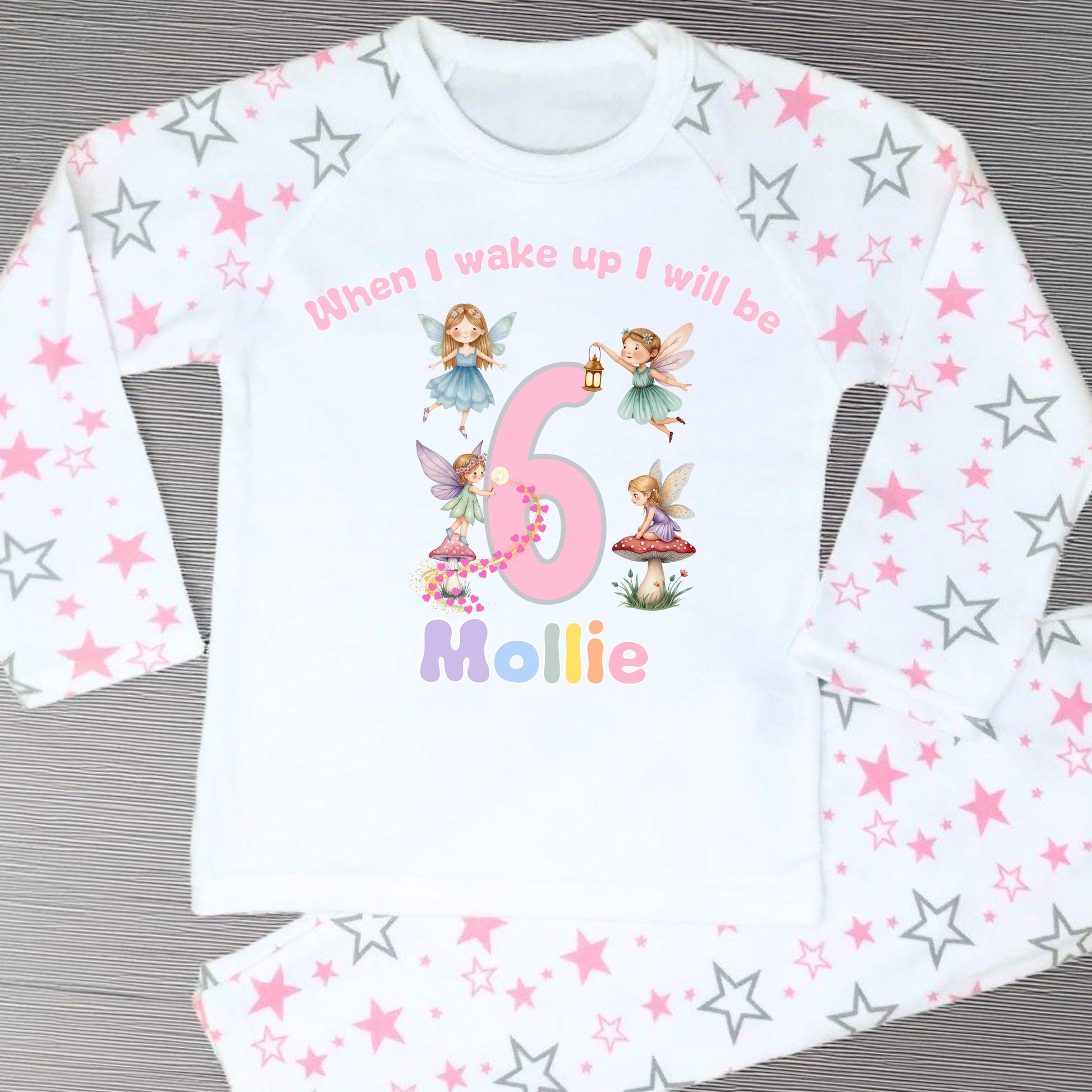 Fairy Garden birthday pyjamas: Adorable Fairy Garden Birthday Pyjamas personalised with age & name. Perfect for girls’ birthday mornings & magical photos. Soft, comfy, & unique.
