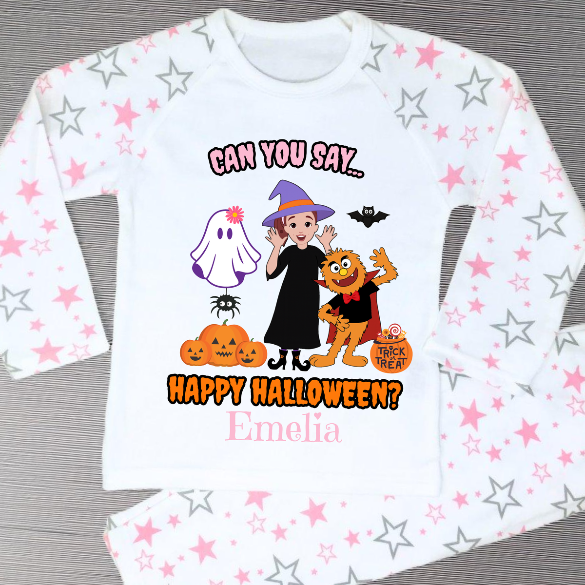 Girls personalised Ms Rachel Halloween pyjamas with “Can You Say Happy Halloween?” design and child’s name