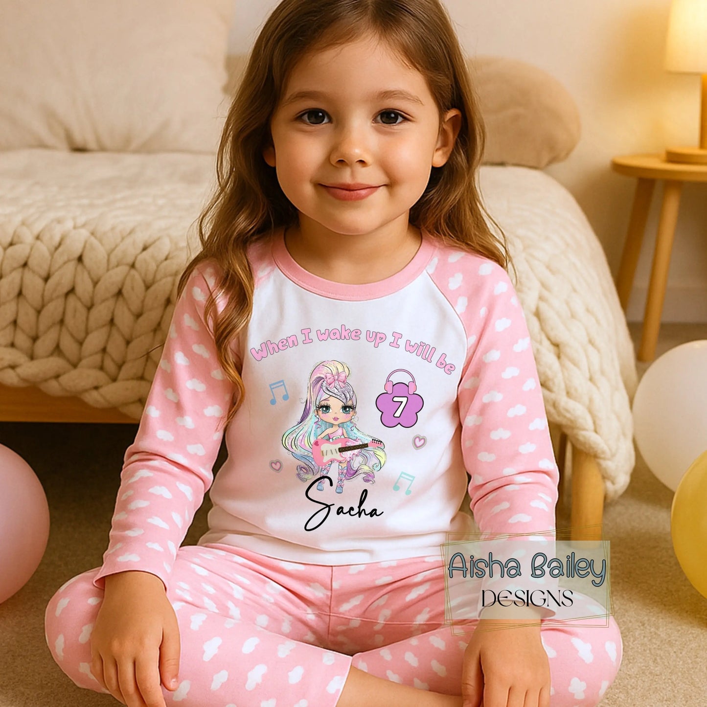 Personalised Girls Birthday Pyjamas: In My Birthday Era glitter-effect doll birthday pyjamas with custom name and age, no real glitter, long sleeve girls sleepwear set