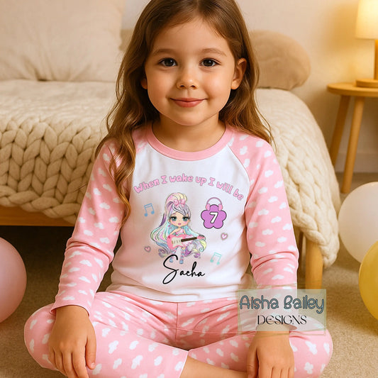 Personalised Girls Birthday Pyjamas: In My Birthday Era glitter-effect doll birthday pyjamas with custom name and age, no real glitter, long sleeve girls sleepwear set