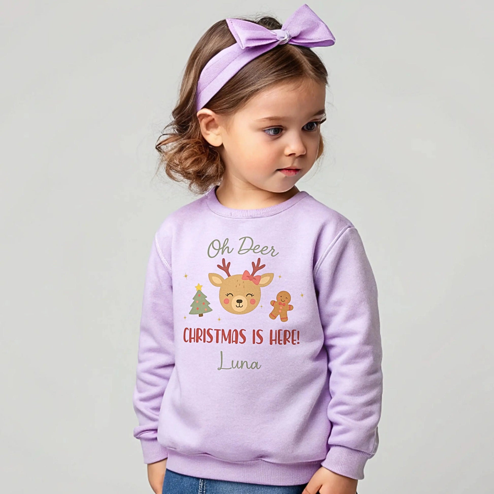 Girls Christmas Sweatshirt: Personalised boys reindeer Christmas sweatshirt with festive design and child’s name