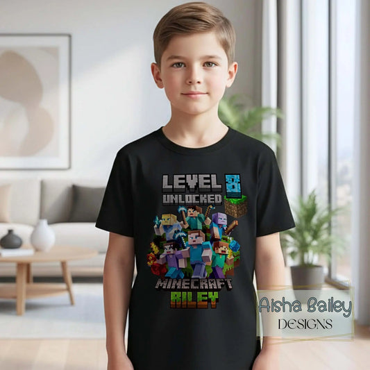 Minecraft Birthday T-Shirt, Boy wearing personalised Minecraft Level 6 Unlocked birthday t-shirt, white tee with colourful gamer design, front clearly visible, lifestyle setting