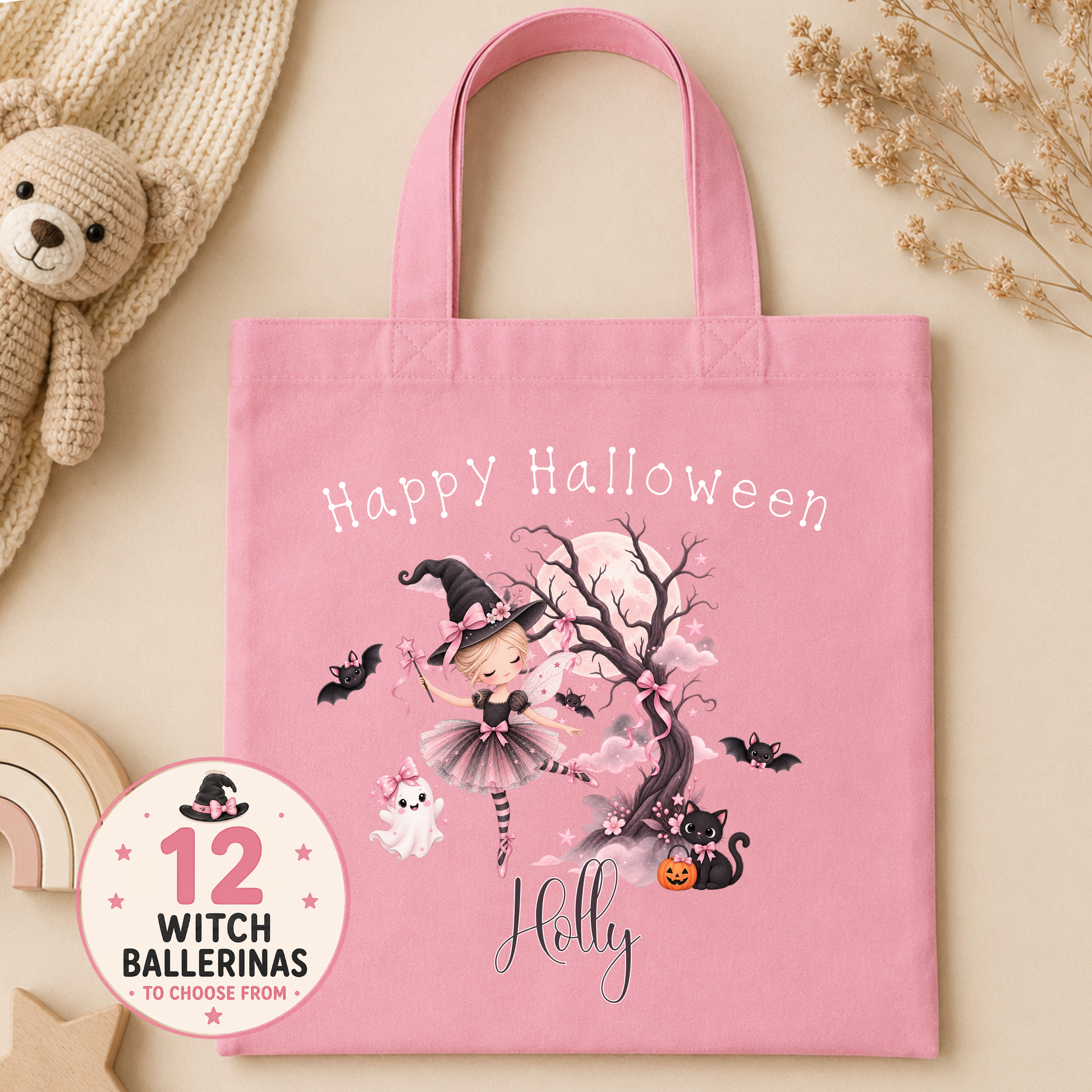 Personalised Halloween Trick or Treat Bag for Girls with witch ballerina, pink ghost, black cat, bats, moon and custom name.