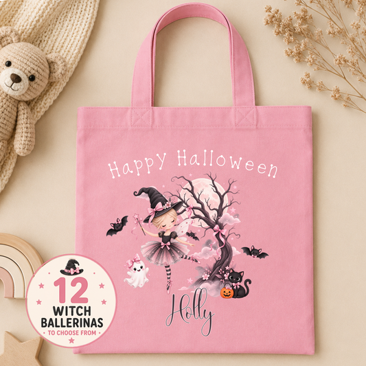 Personalised Halloween Trick or Treat Bag for Girls with witch ballerina, pink ghost, black cat, bats, moon and custom name.