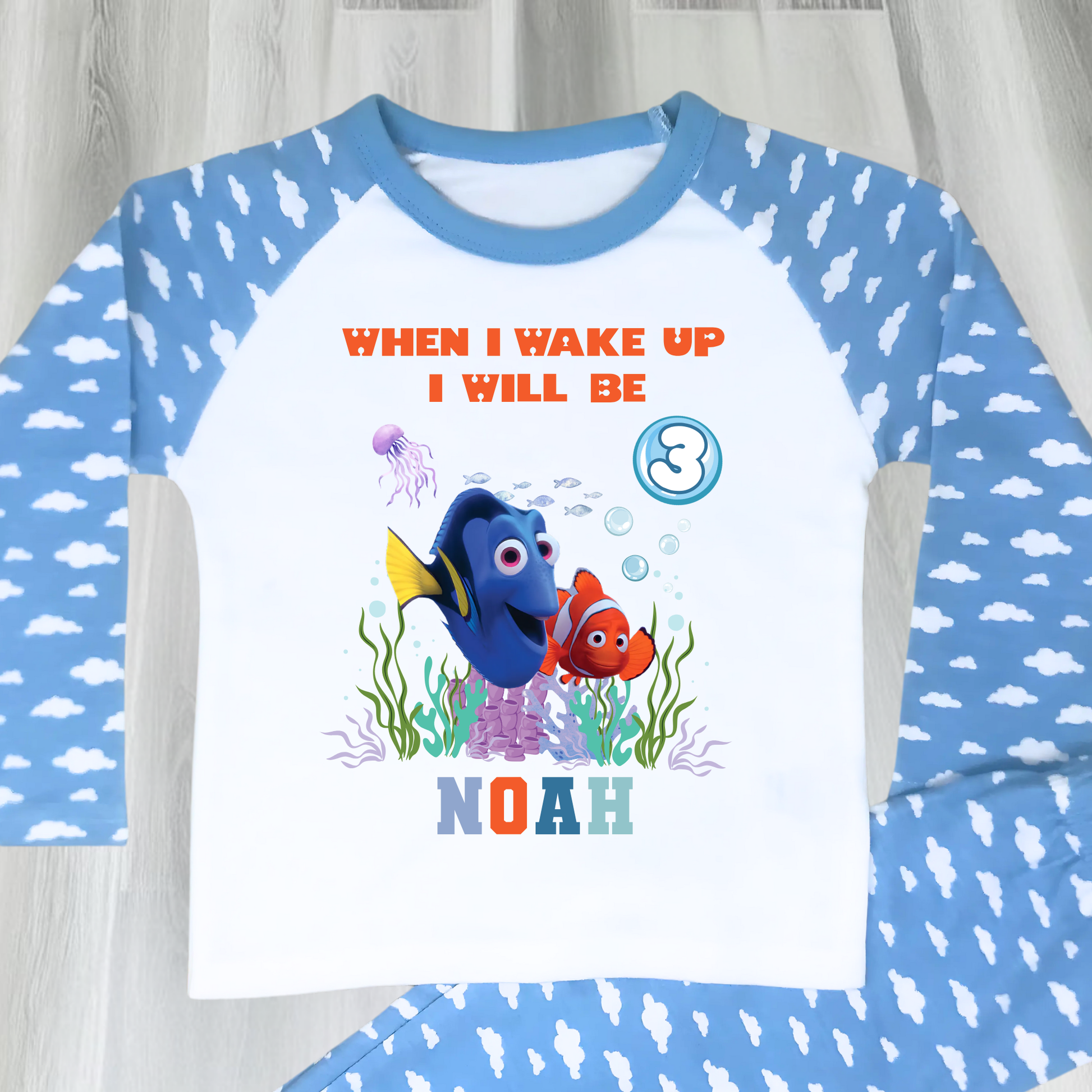 Nemo and Dory birthday pyjamas personalised with under the sea theme for boys