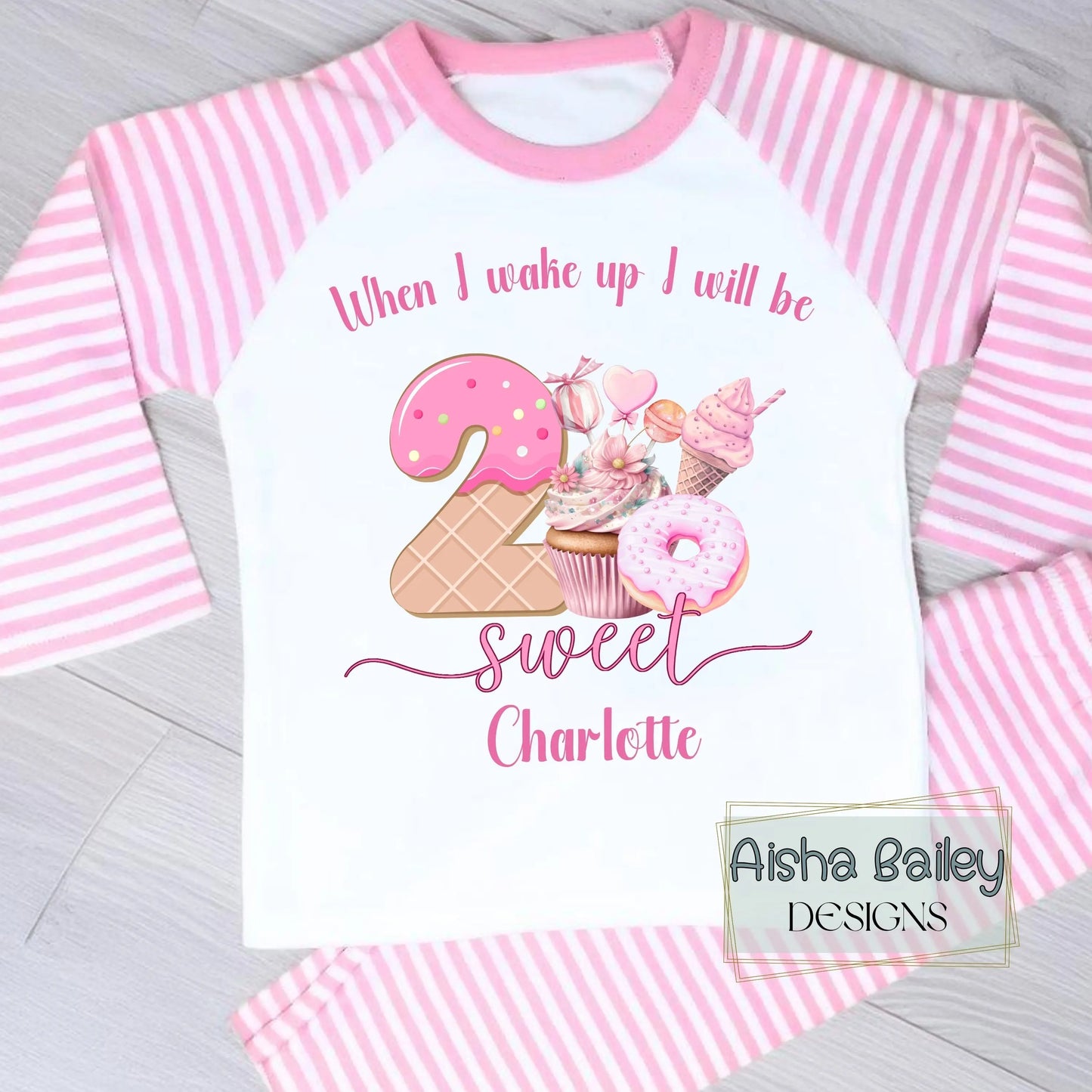 2nd Birthday Pyjamas - Two sweet birthday pyjamas for girls personalised pink number 2 cake design custom name girls second birthday outfit