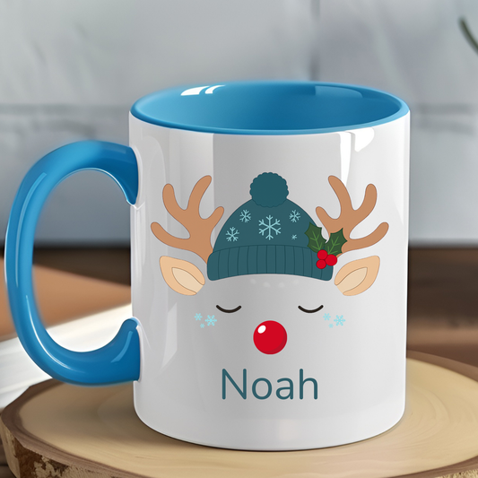 Personalised reindeer Christmas mug with child’s name, available as a 6oz polymer, 11oz coloured ceramic or 12oz campervan mug