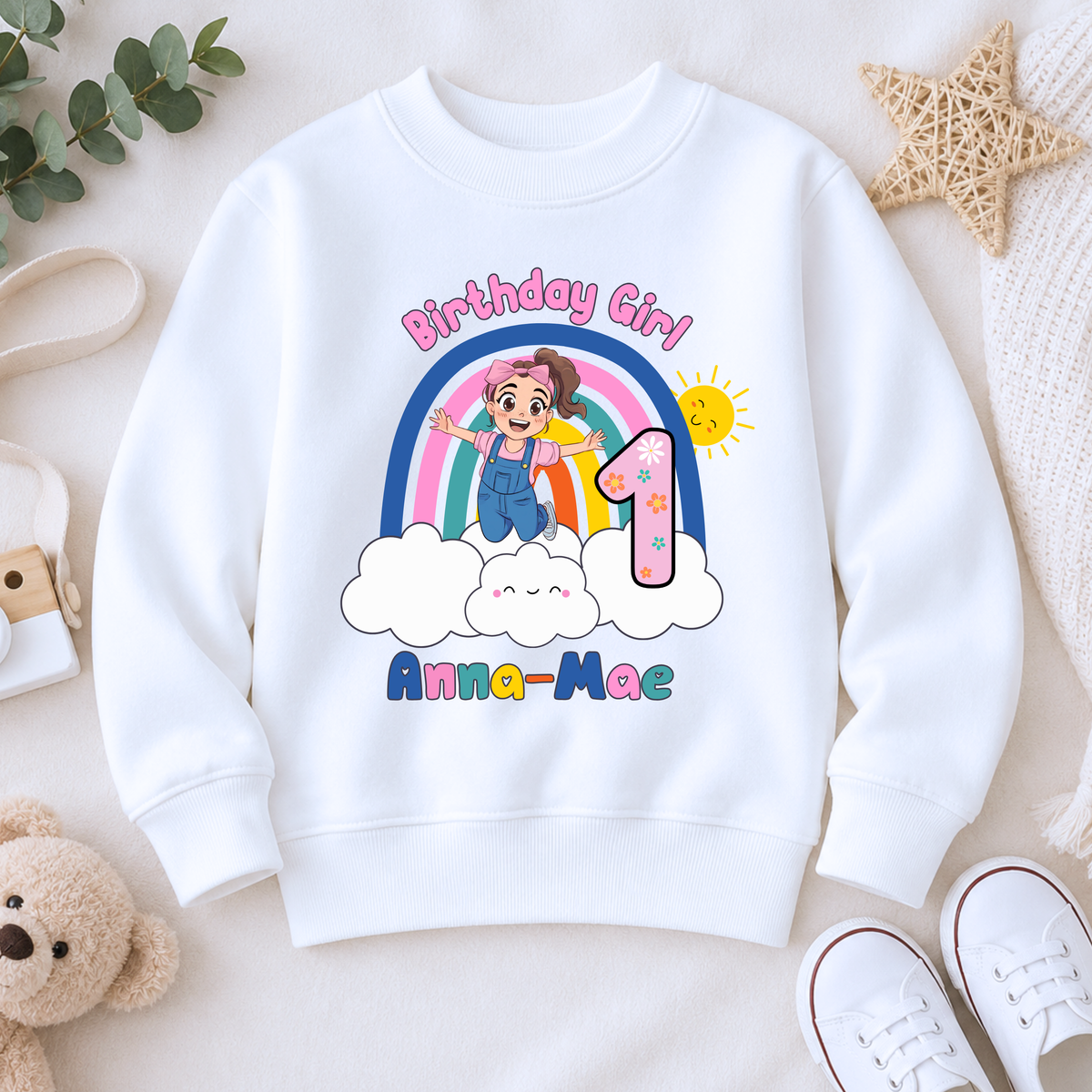 Girls Personalised Ms Rachel Birthday Sweatshirt. A girls birthday sweatshirt with a Ms Rachel Design and custom name and age.