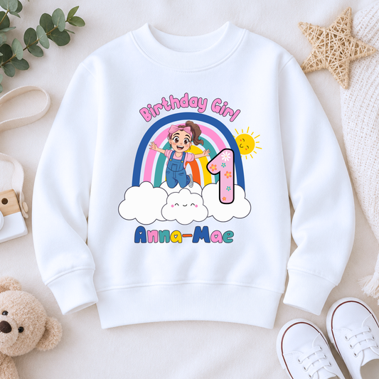 Girls Personalised Ms Rachel Birthday Sweatshirt. A girls birthday sweatshirt with a Ms Rachel Design and custom name and age.