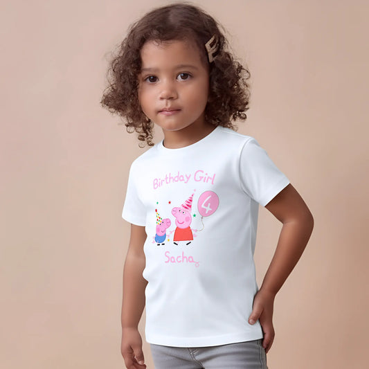 Peppa and George Birthday T-shirt: Child wearing a white personalised Peppa Pig with George Pig  t-shirt with a birthday design. It has custom name and age.