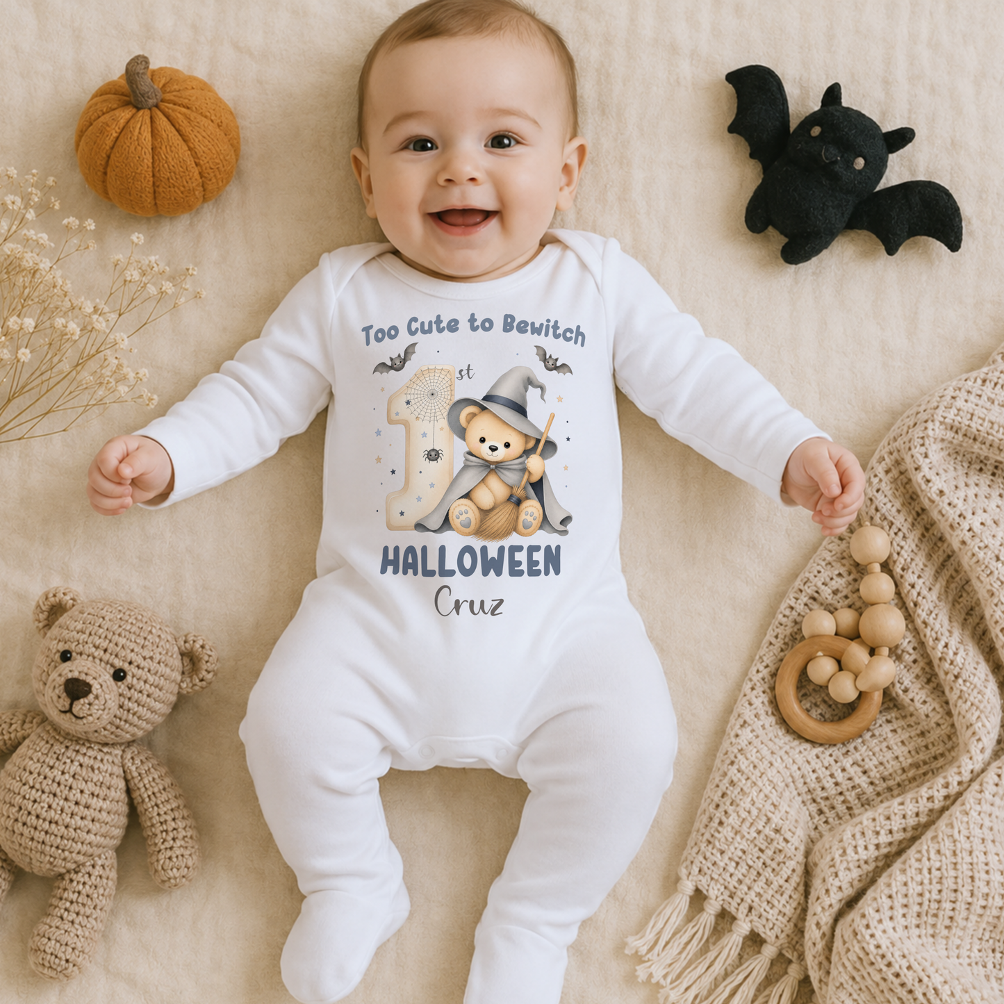 Personalised First Halloween Baby Outfit: Baby’s First Halloween personalised baby boy bodysuit with name, teddy bear witch, bats and first Halloween design.