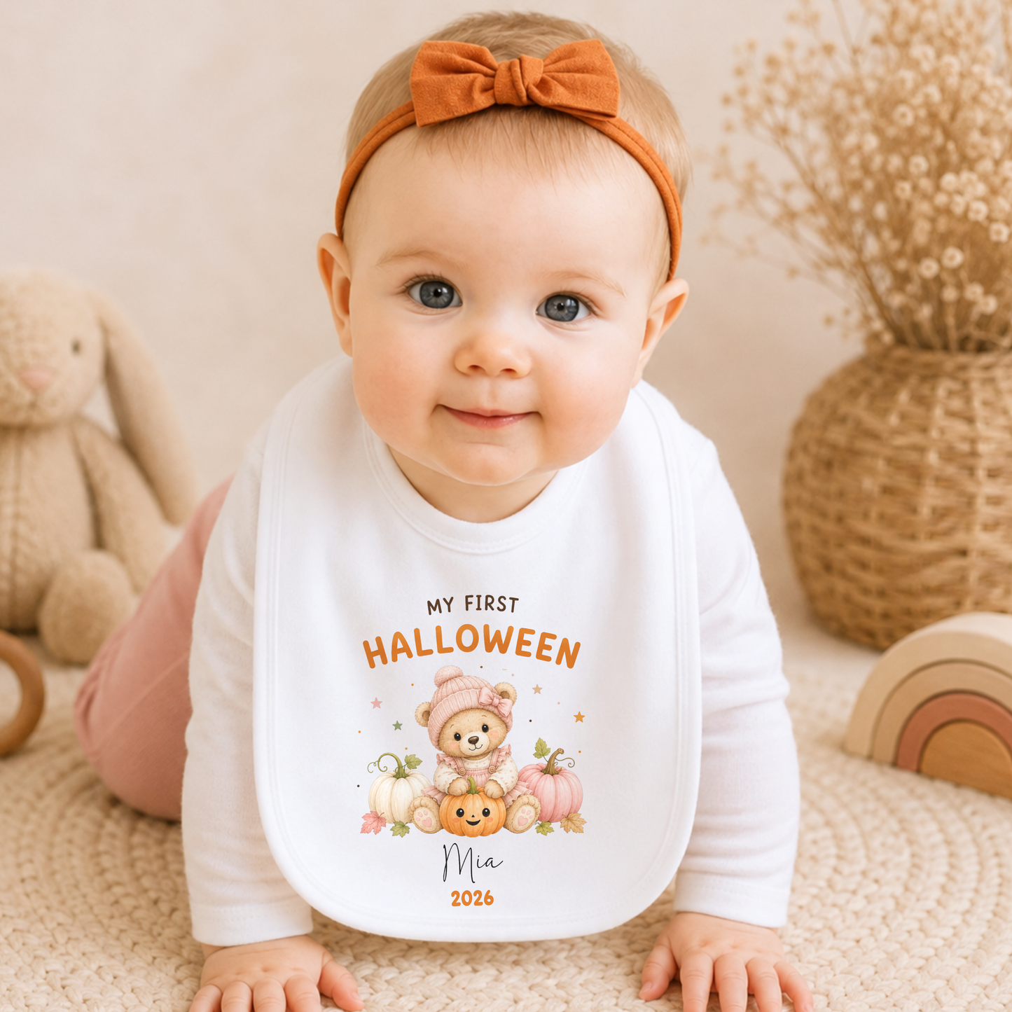 Personalised First Halloween Baby Outfit with cute teddy bear and pumpkins, customised with baby's name and year for their first Halloween.