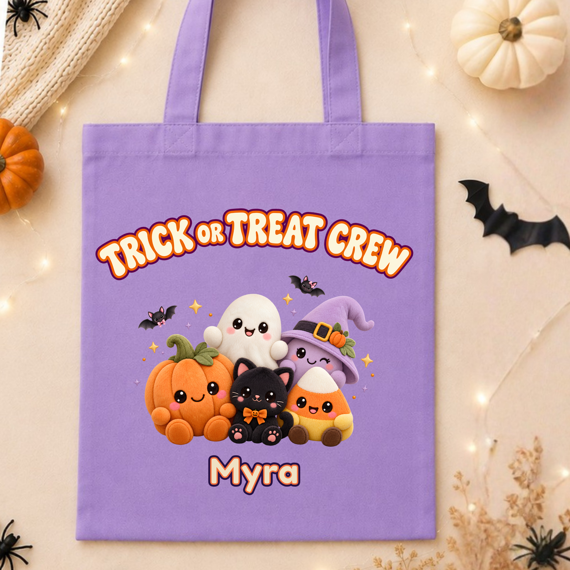 Personalised Halloween Trick or Treat Bag with kawaii plush pumpkin, ghost, witch, black cat and candy corn characters and custom name.