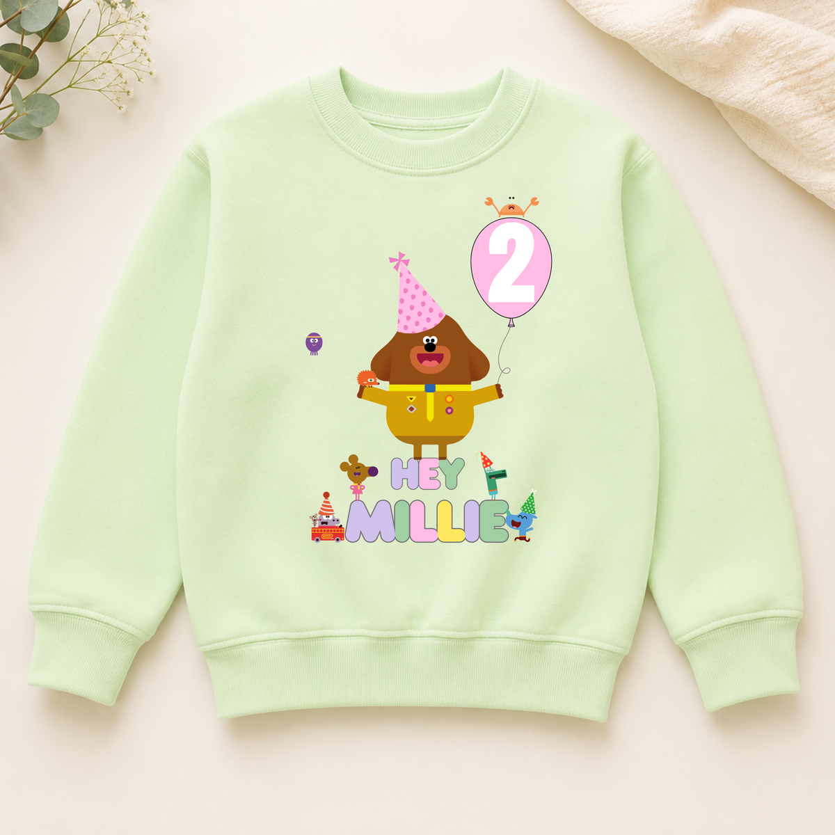 Girls Personalised Hey Duggee Birthday Sweatshirt - Girls Personalised Hey Duggee Pink Bday Jumper, Girls personalised hey duggee, dey duggee pink balloon, pink balloon birthday, hey duggee personalised birthday sweatshirt jumper