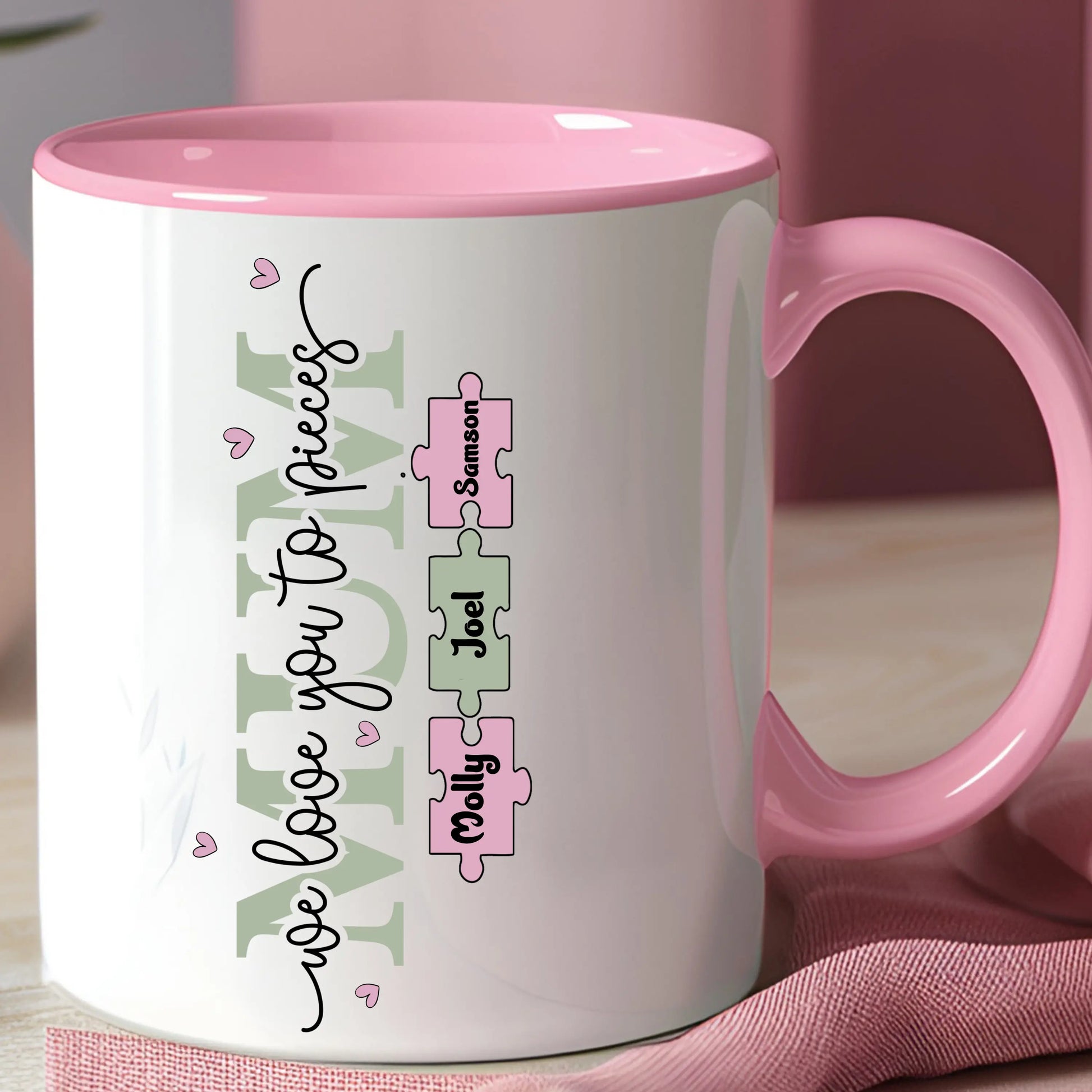 Personalised Mum Mug – We Love You To Pieces Puzzle Name Gift for Mother's Day AishaBaileyDesigns