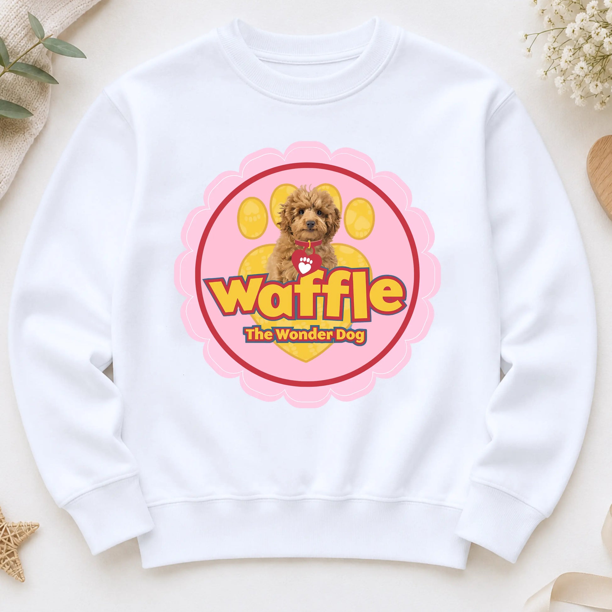Girls Personalised Waffle Sweatshirt for Everyday Wear: Waffle the Wonder Dog AishaBaileyDesigns