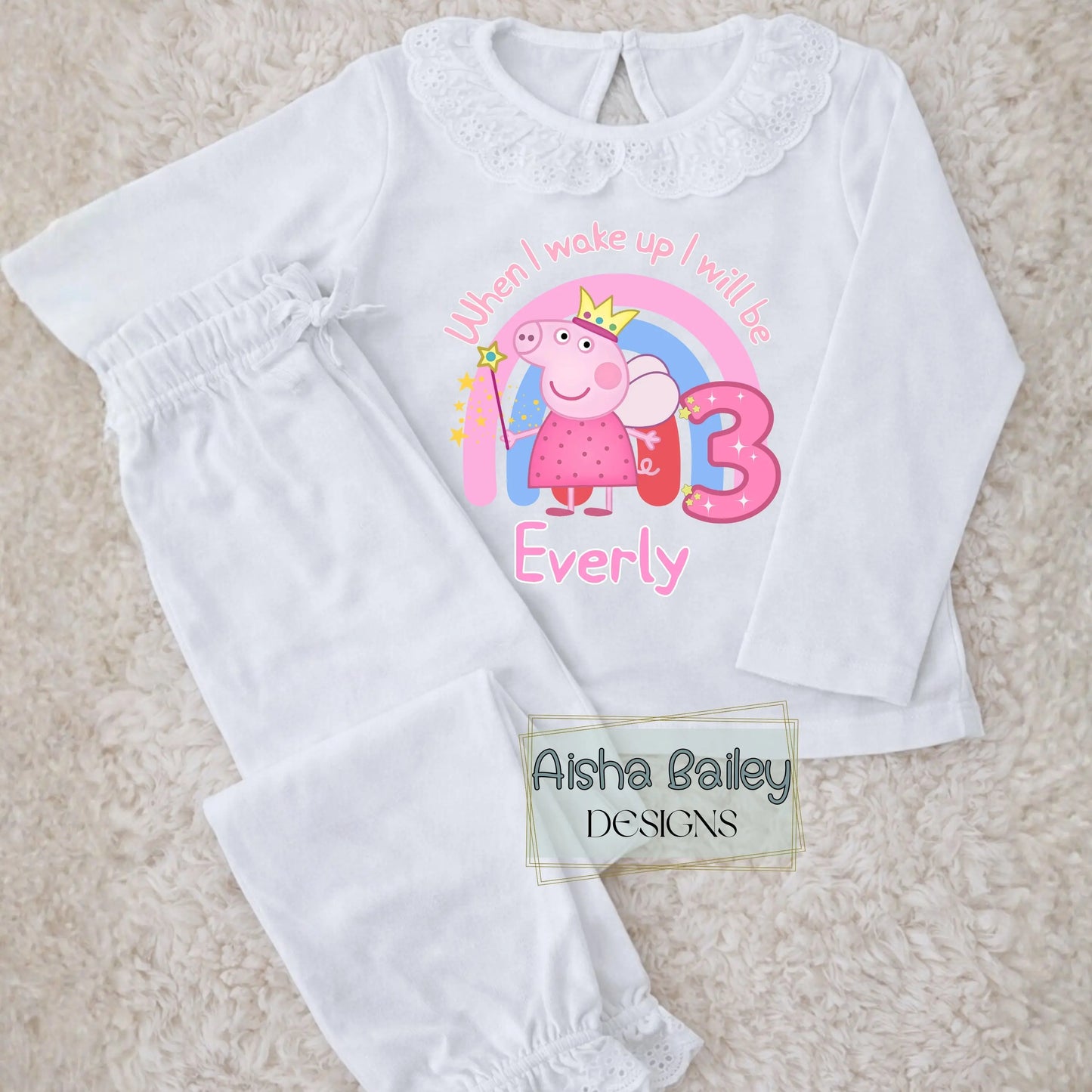 Girls Personalised Peppa Pig Frilly Birthday Pyjamas with custom name and age, princess Peppa rainbow design on frilly collar girls pyjama set