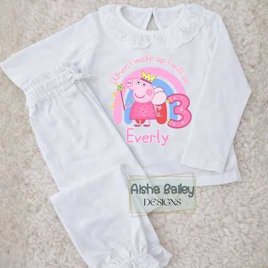 Girls Personalised Peppa Pig Frilly Birthday Pyjamas with custom name and age, princess Peppa rainbow design on frilly collar girls pyjama set