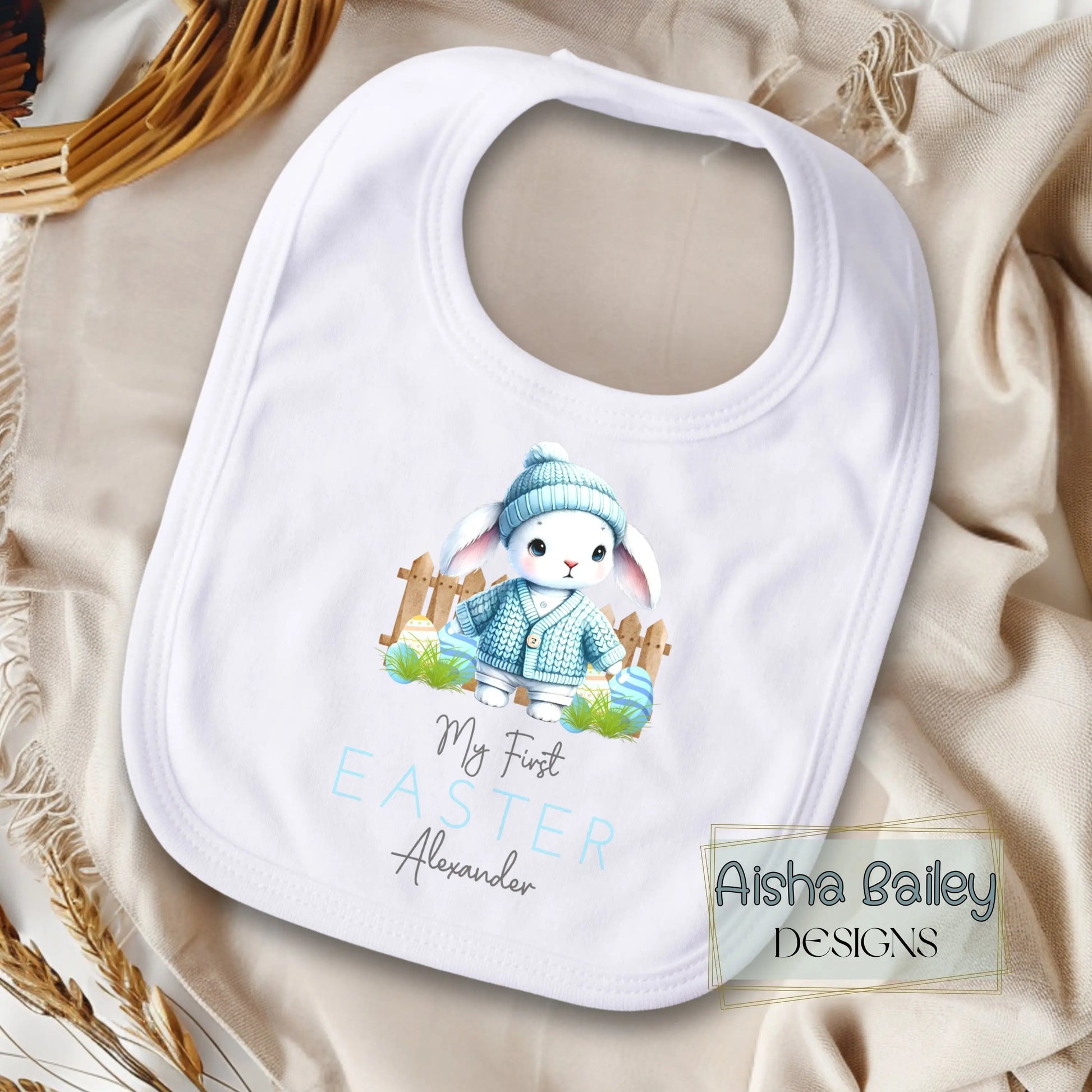 First Easter Outfit: Baby Boy’s First Easter Babygrow with personalised name and bunny design