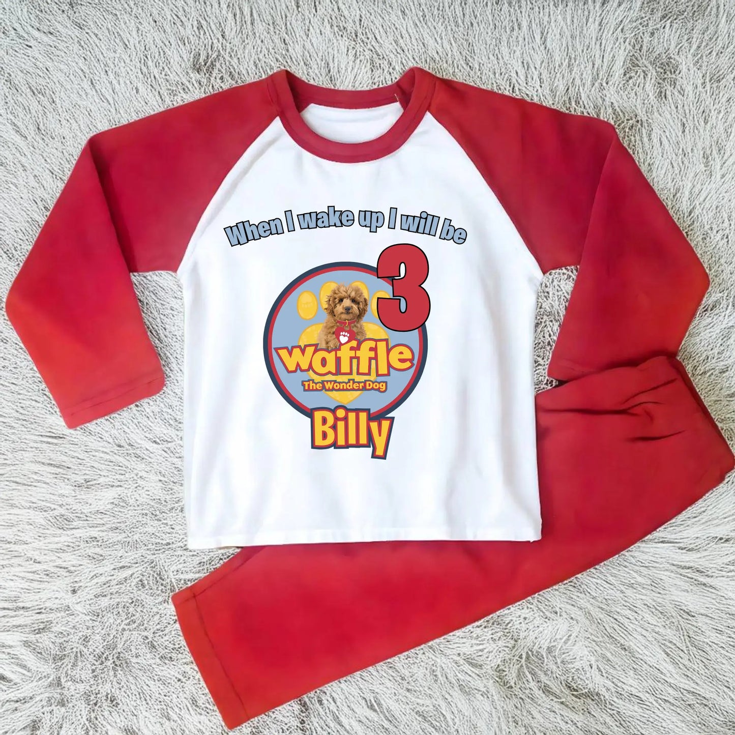 Waffle birthday pyjamas for boys with custom name and age: waffle the wonder dog