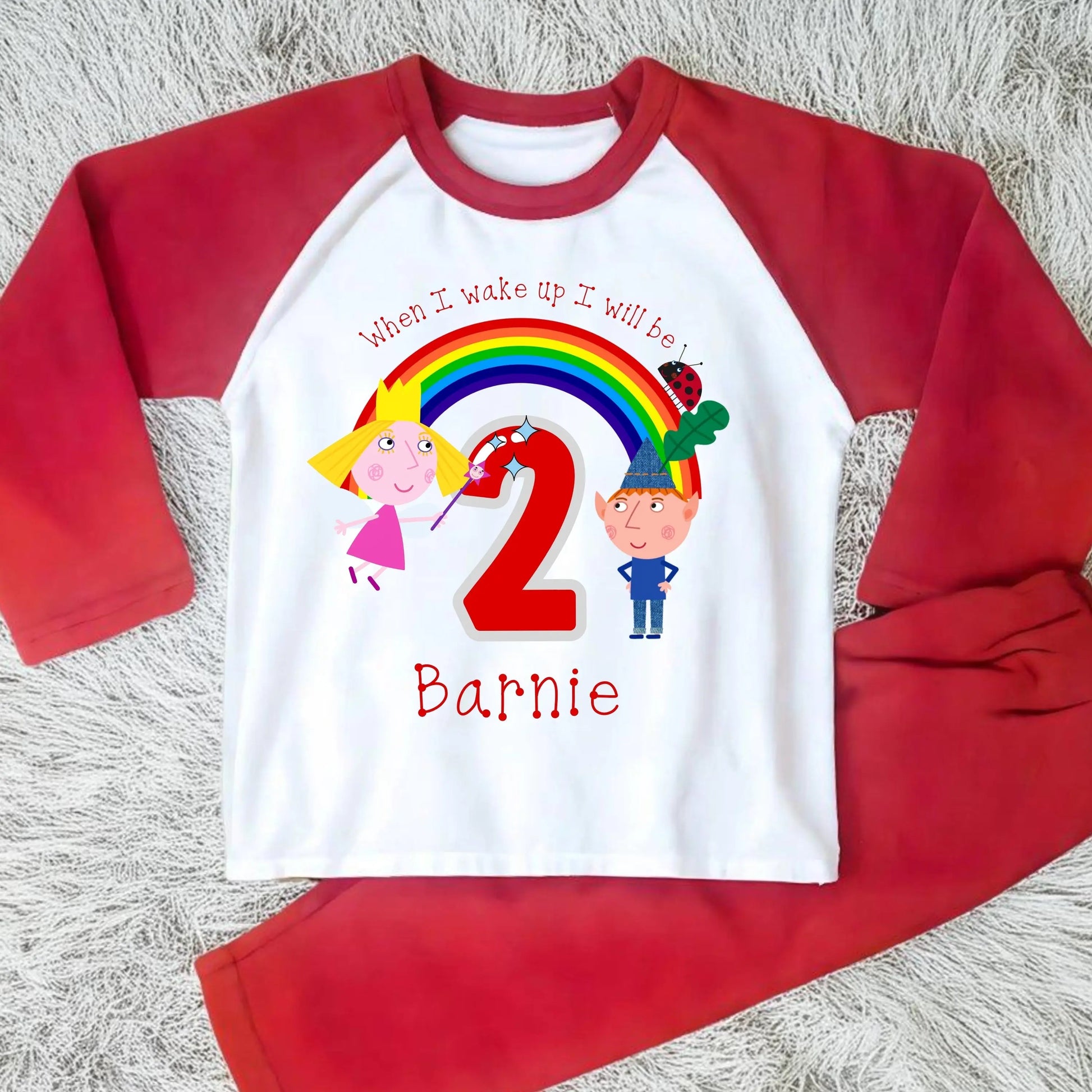 Ben and Holly Birthday pyjamas: Personalised Ben and Holly’s Little Kingdom birthday pyjamas for boys with rainbow, characters, age and custom name.