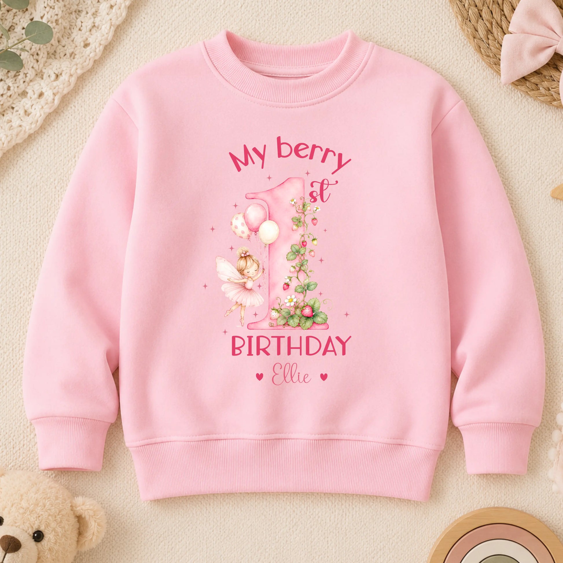 Berry 1st Birthday Sweatshirt Personalised for Girls – Strawberry Fairy Birthday Jumper - AishaBaileyDesigns