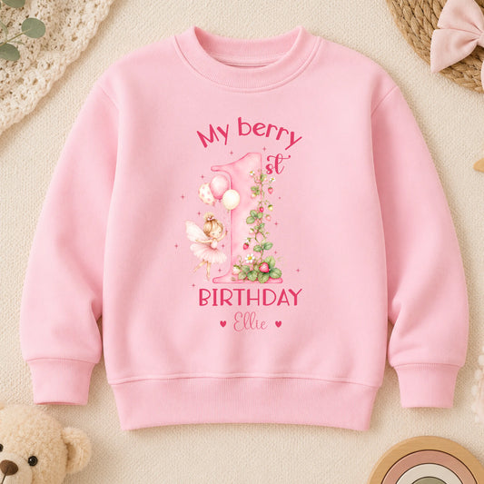 Berry 1st Birthday Sweatshirt Personalised for Girls – Strawberry Fairy Birthday Jumper - AishaBaileyDesigns