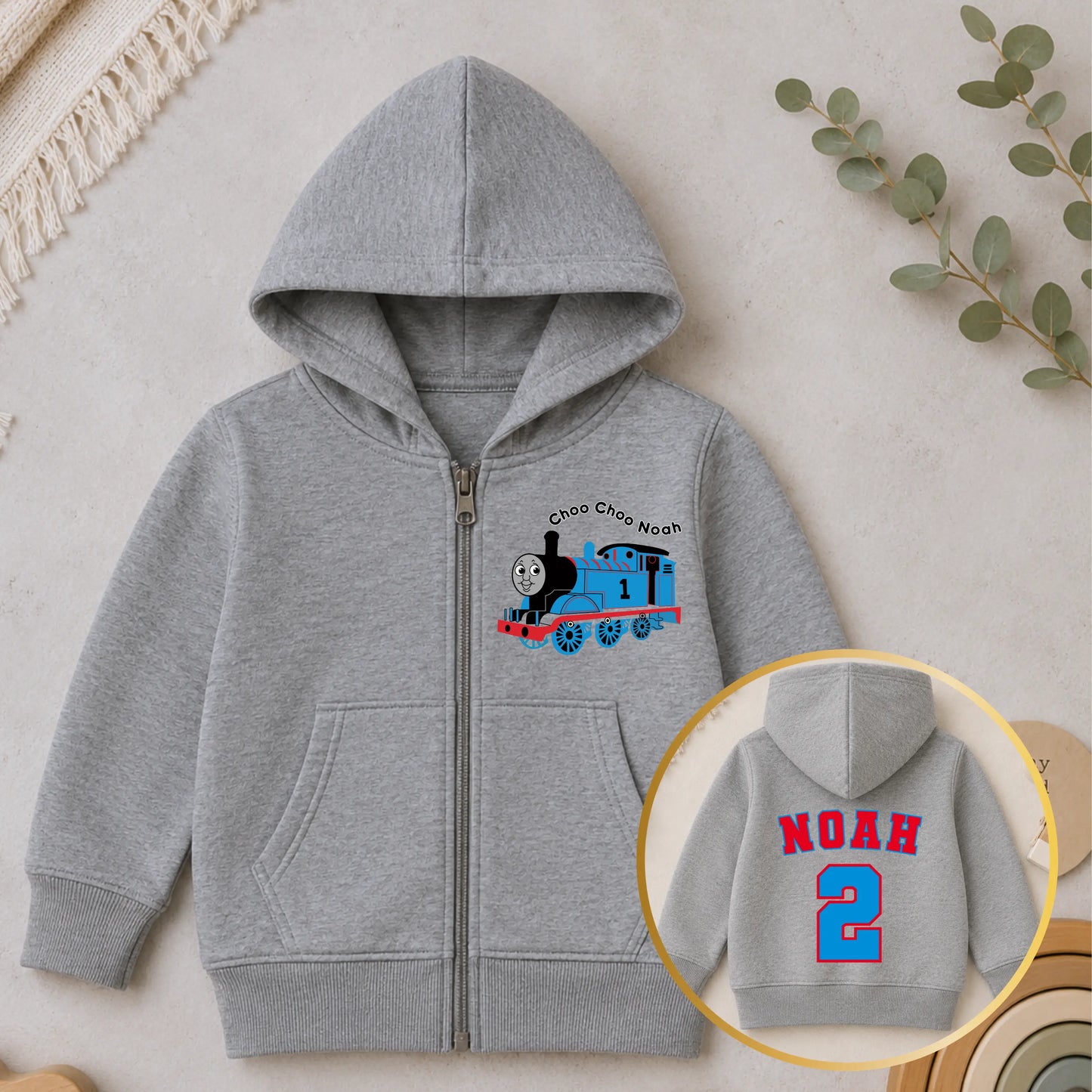 Personalised Thomas Hoodie – Boys Thomas the Tank Engine Birthday zip up with name & age AishaBaileyDesigns