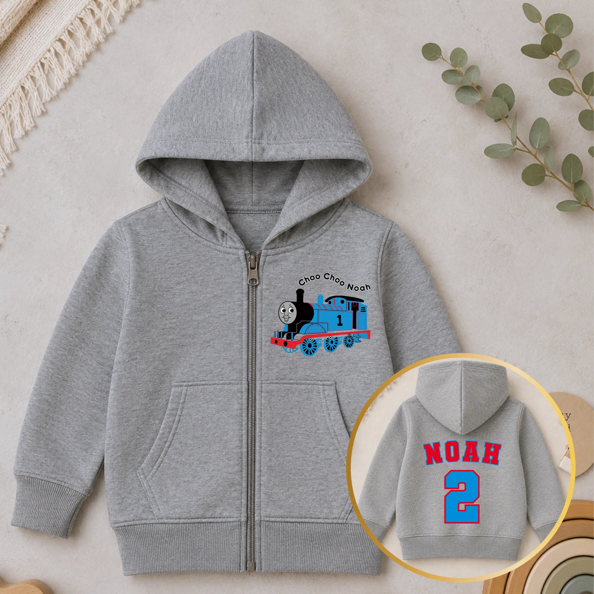 Personalised Thomas Hoodie – Boys Thomas the Tank Engine Birthday zip up with name & age AishaBaileyDesigns