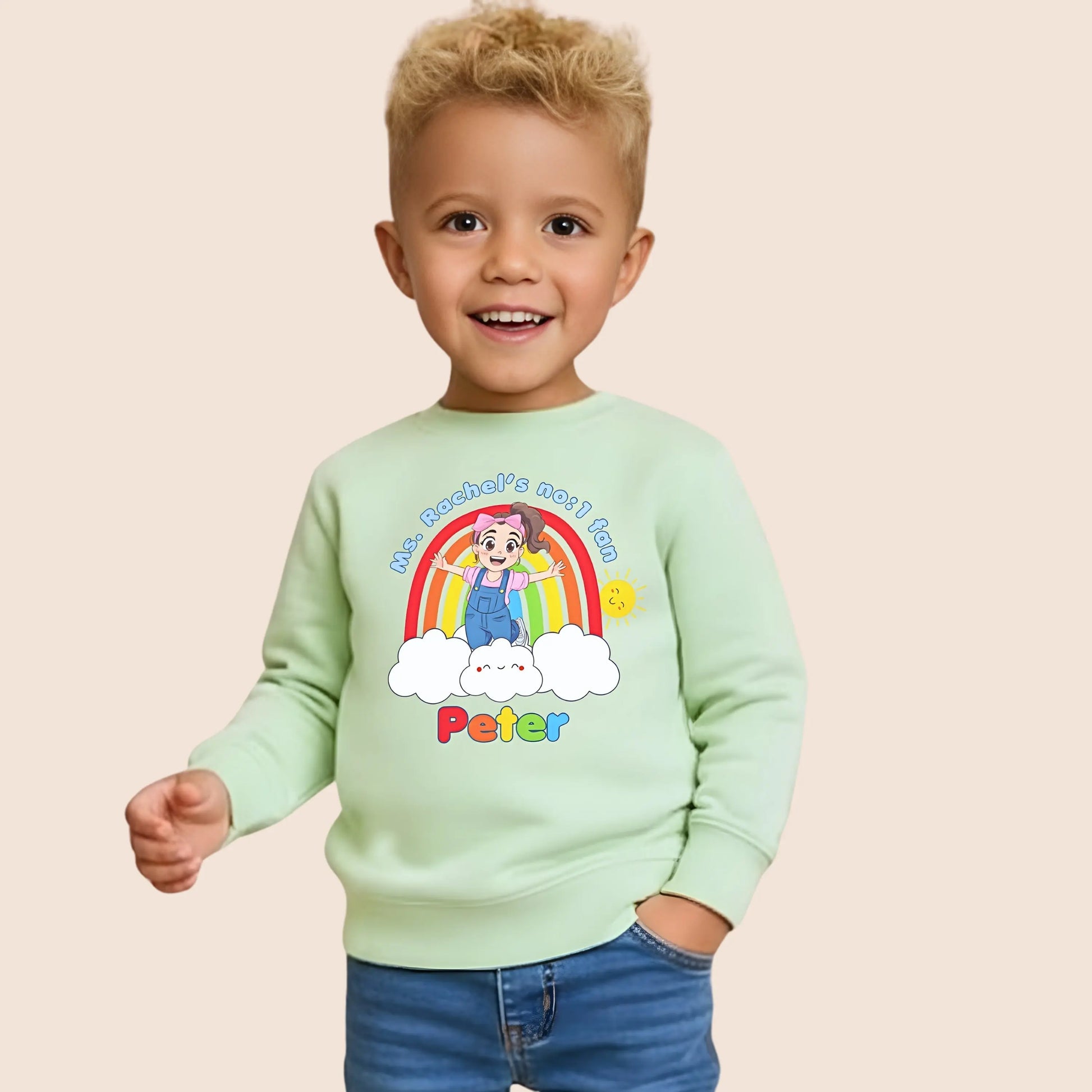 Boys Ms Rachel Sweatshirt: Personalised Ms Rachel birthday boy sweatshirt with rainbow, age number and child’s name