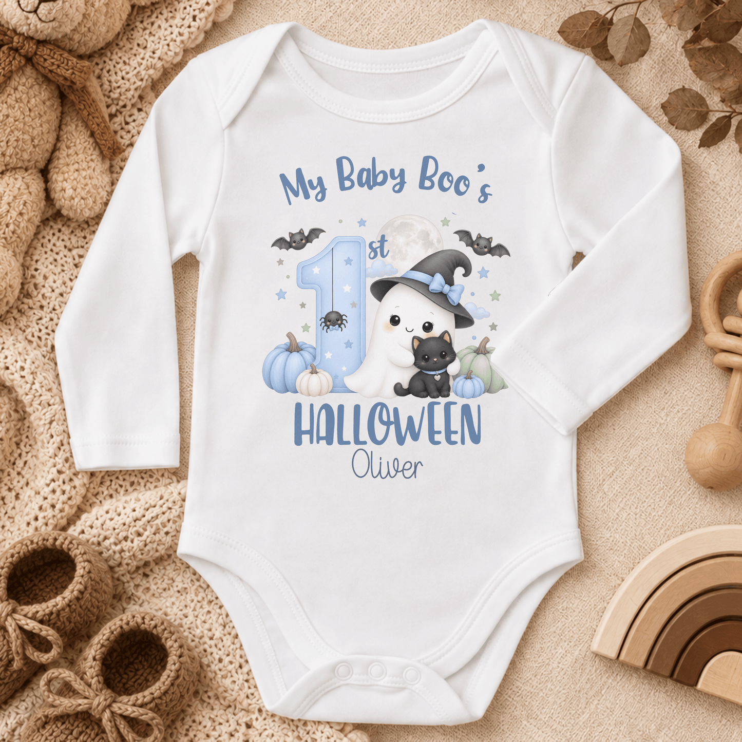 Personalised First Halloween Baby Outfit for boys featuring a cute Baby Boo ghost, black cat, pumpkins, bats and personalised 1st Halloween design.