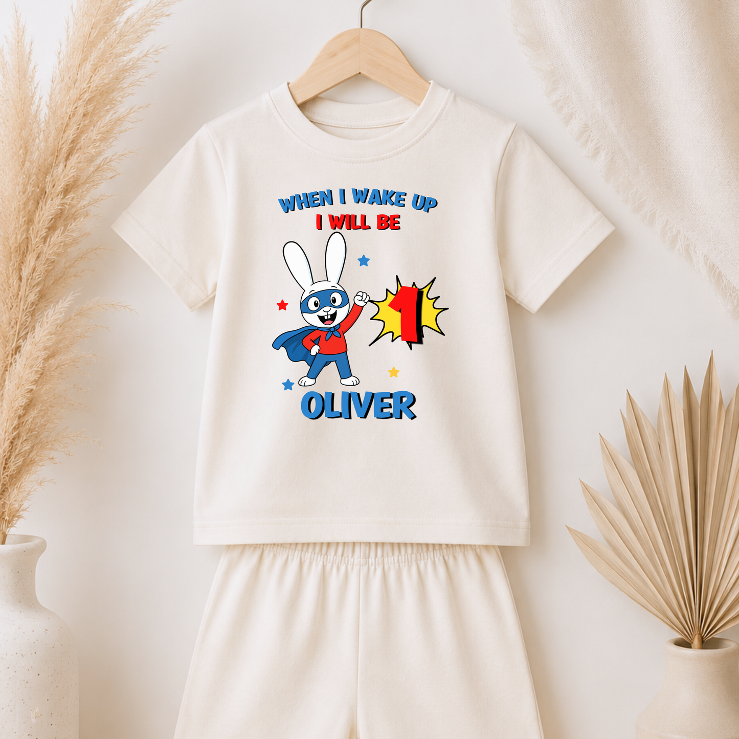 Personalised Super Simon Short Birthday Pyjamas for Boys with custom name and age, featuring a colourful character-inspired birthday design.