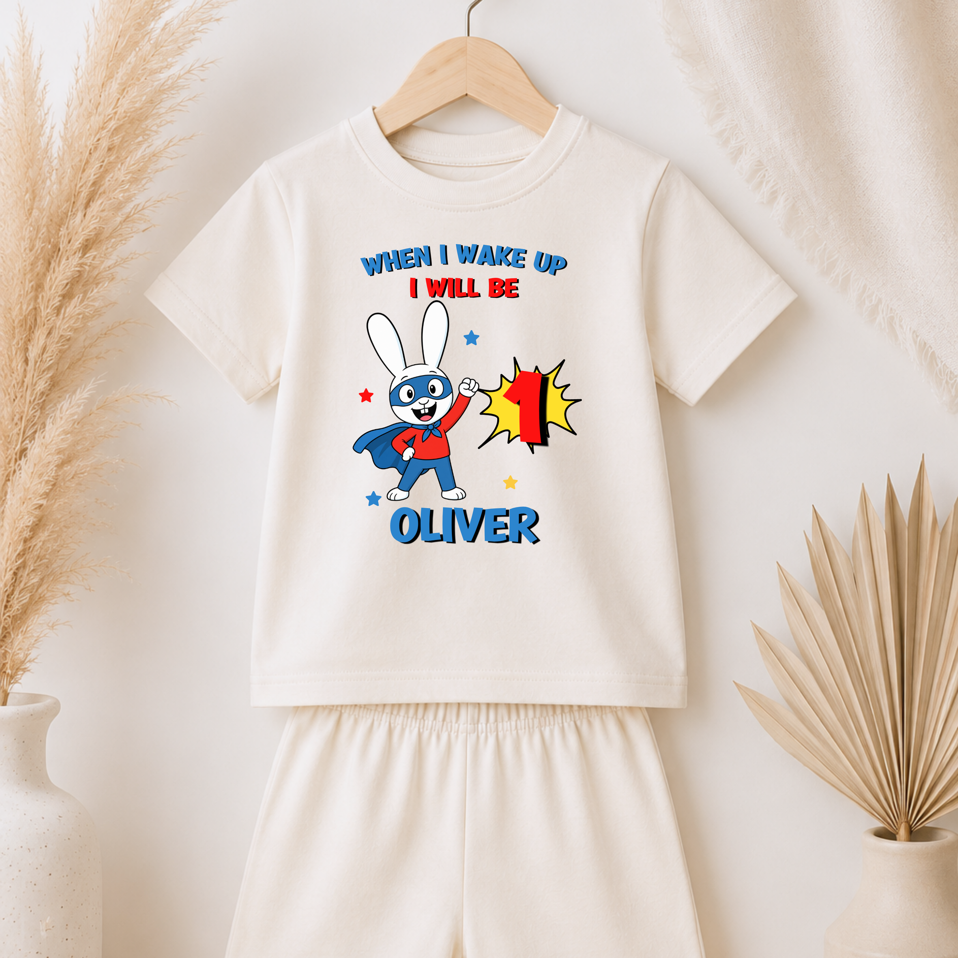Personalised Super Simon Short Birthday Pyjamas for Boys with custom name and age, featuring a colourful character-inspired birthday design.