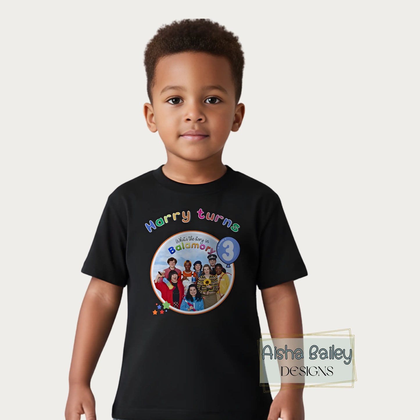 Personalised Balamory birthday t-shirt for boys with custom name and any age colourful toddler birthday shirt