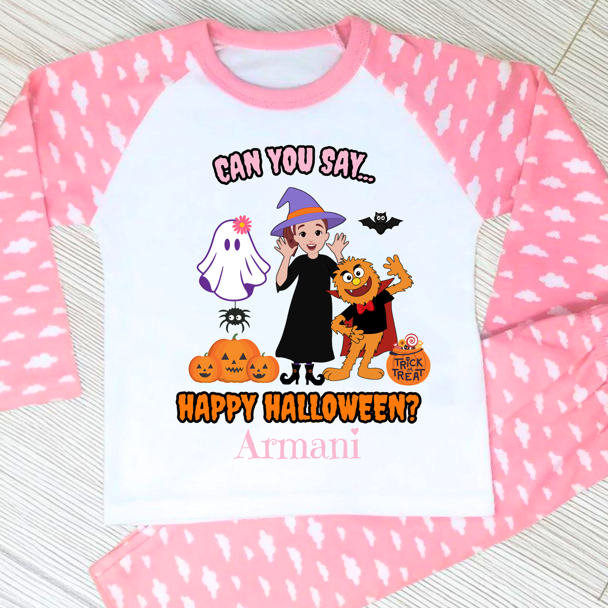 Girls personalised Ms Rachel Halloween pyjamas with “Can You Say Happy Halloween?” design and child’s name
