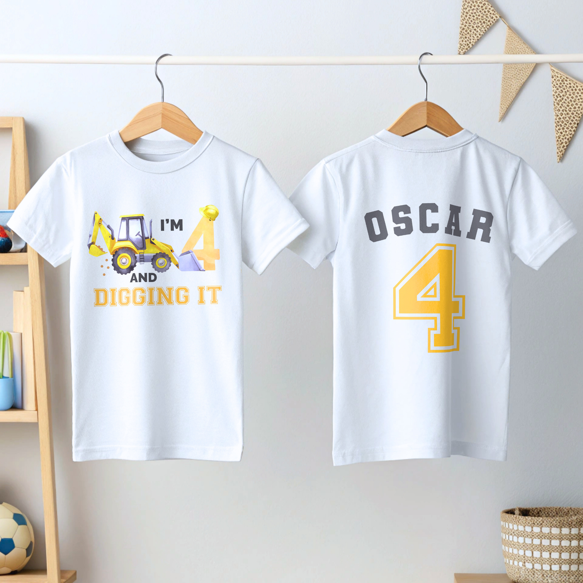 Excavator Digger Birthday T-Shirt: This white t-shirt features a vibrant yellow excavator graphic alongside the playful text “I am digging it,” with customizable age options to celebrate a birthday. The back is personalised with the boy name and age in bold yellow with a black outline. Ideal as a gift for a boy or toddler birthday or a construction-themed party.