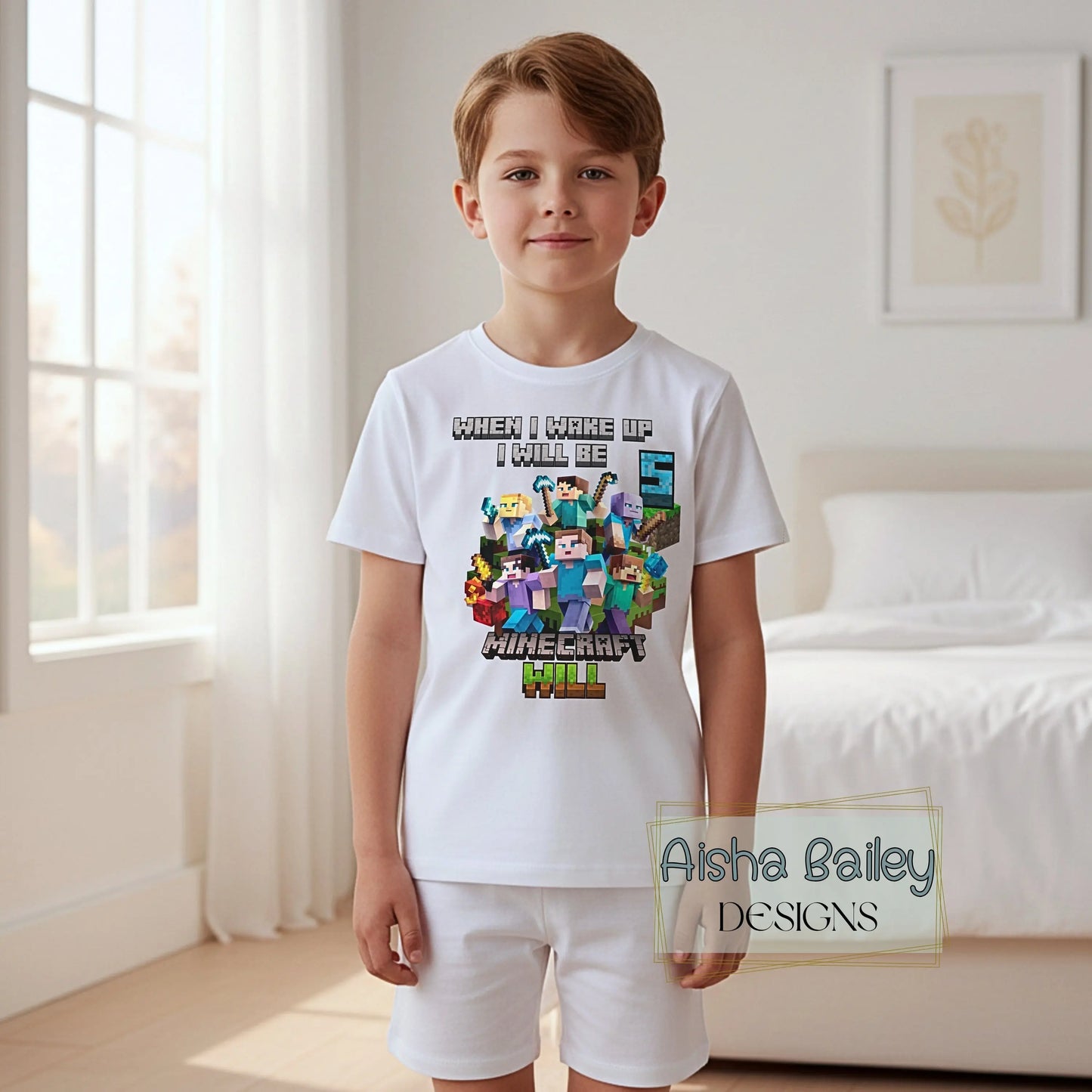 Minecraft Birthday Pyjama Shorts, Boy wearing personalised Minecraft birthday pyjamas with custom age on white t-shirt and matching shorts in a bright modern bedroom setting