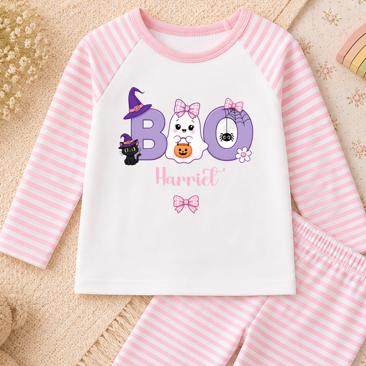 Personalised Halloween Pyjamas for Girls with pink stripes, cute ghost BOO design and custom child’s name, perfect for girls during spooky season.