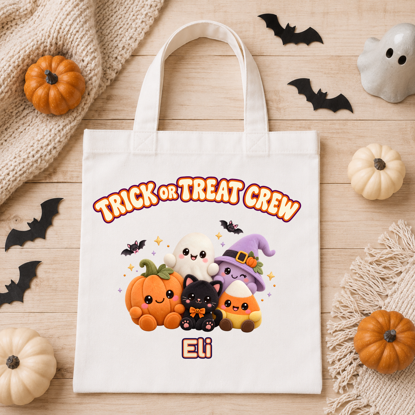 Personalised Halloween Trick or Treat Bag with kawaii plush pumpkin, ghost, witch, black cat and candy corn characters and custom name.