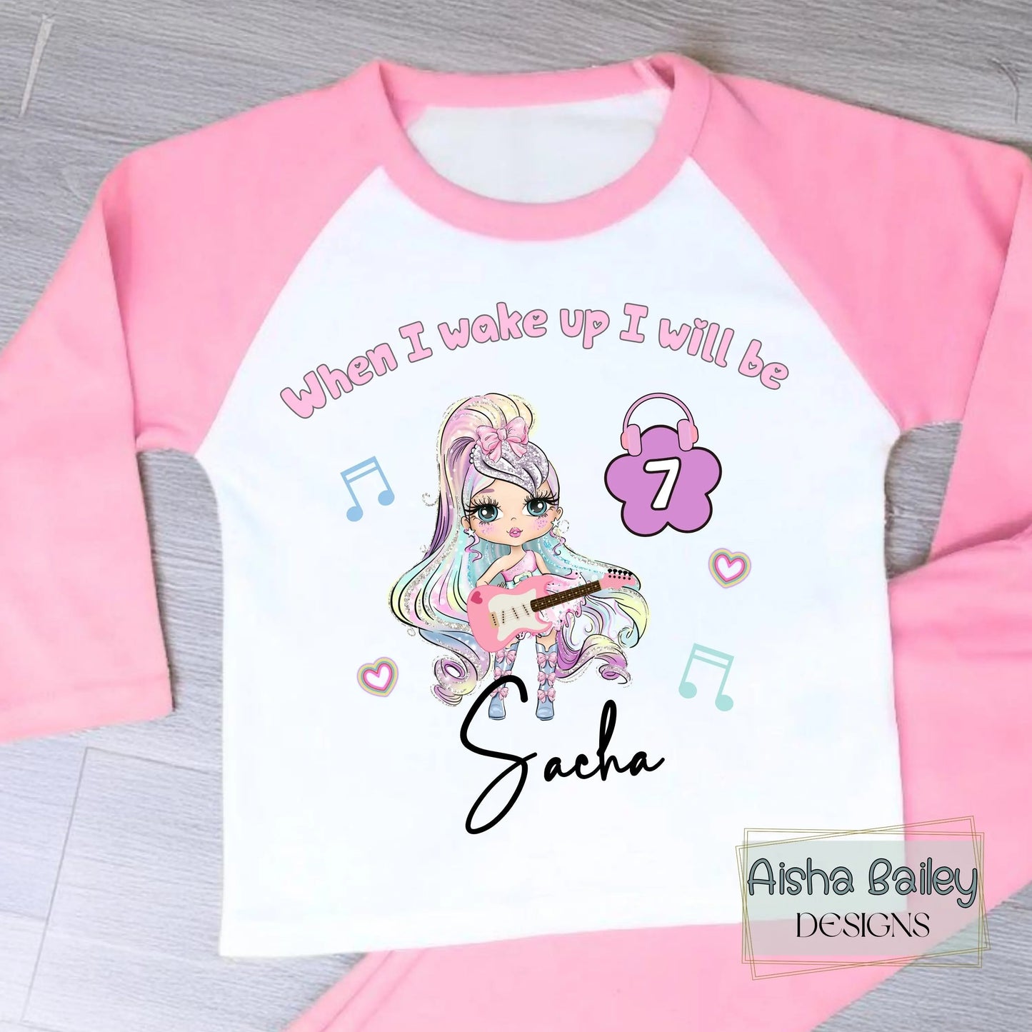 Personalised Girls Birthday Pyjamas: In My Birthday Era glitter-effect doll birthday pyjamas with custom name and age, no real glitter, long sleeve girls sleepwear set