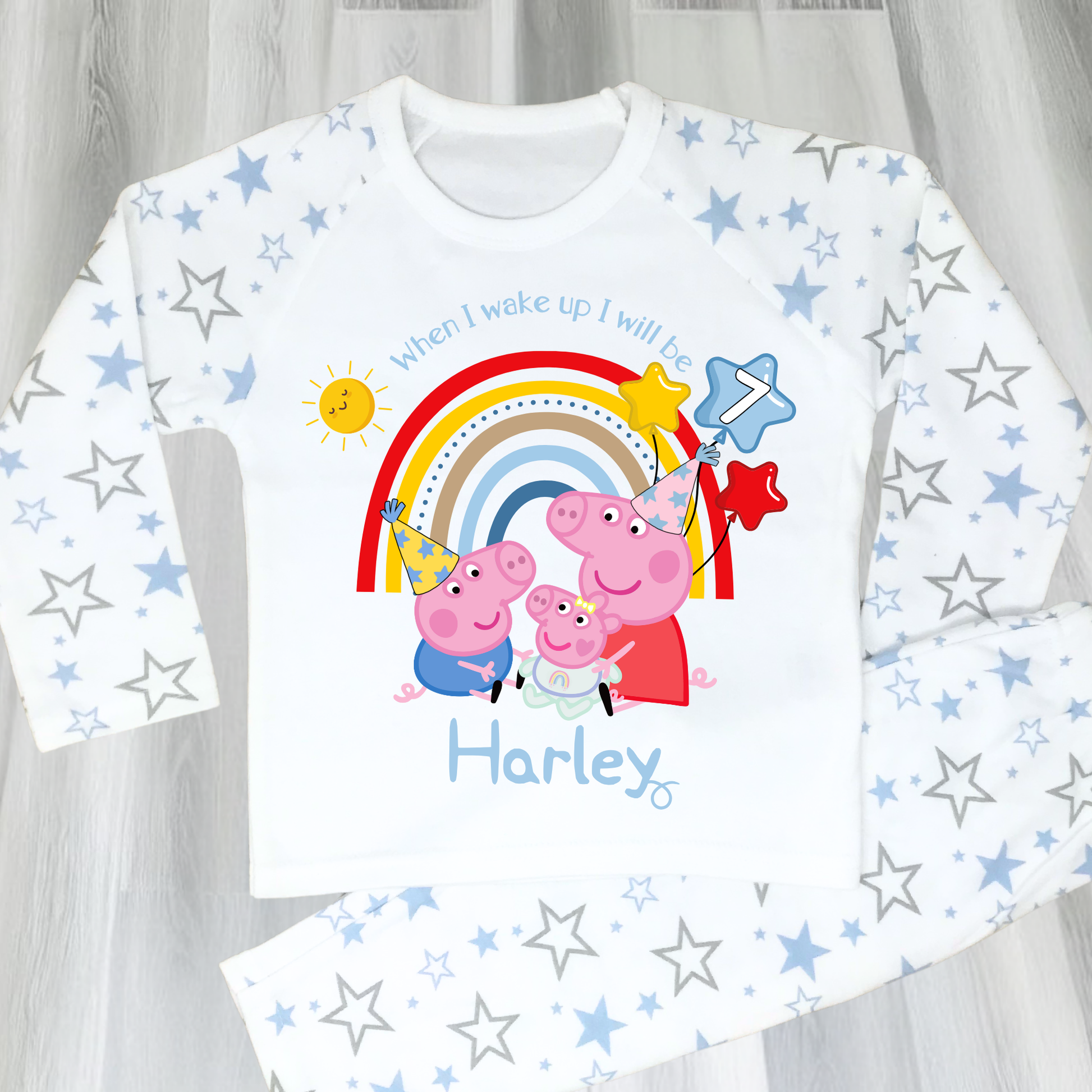 Personalized boys Peppa Pig Birthday Pyjamas featuring Peppa, George, and baby sister Evie; soft cotton; vibrant design; ideal birthday gift; peppa pigs sibling, peppa's baby sister