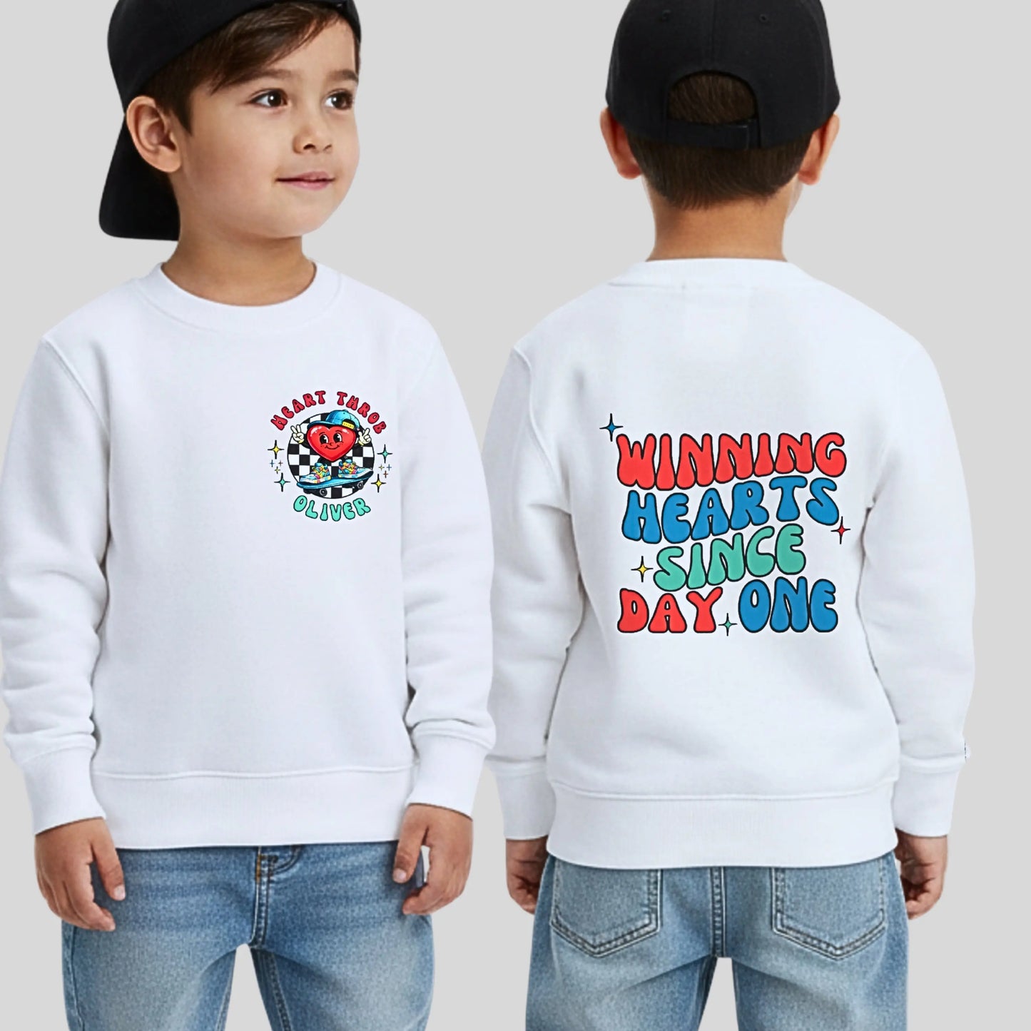 Personalised boys Valentines Sweatshirt for boy with a retro vibe and his custom name.